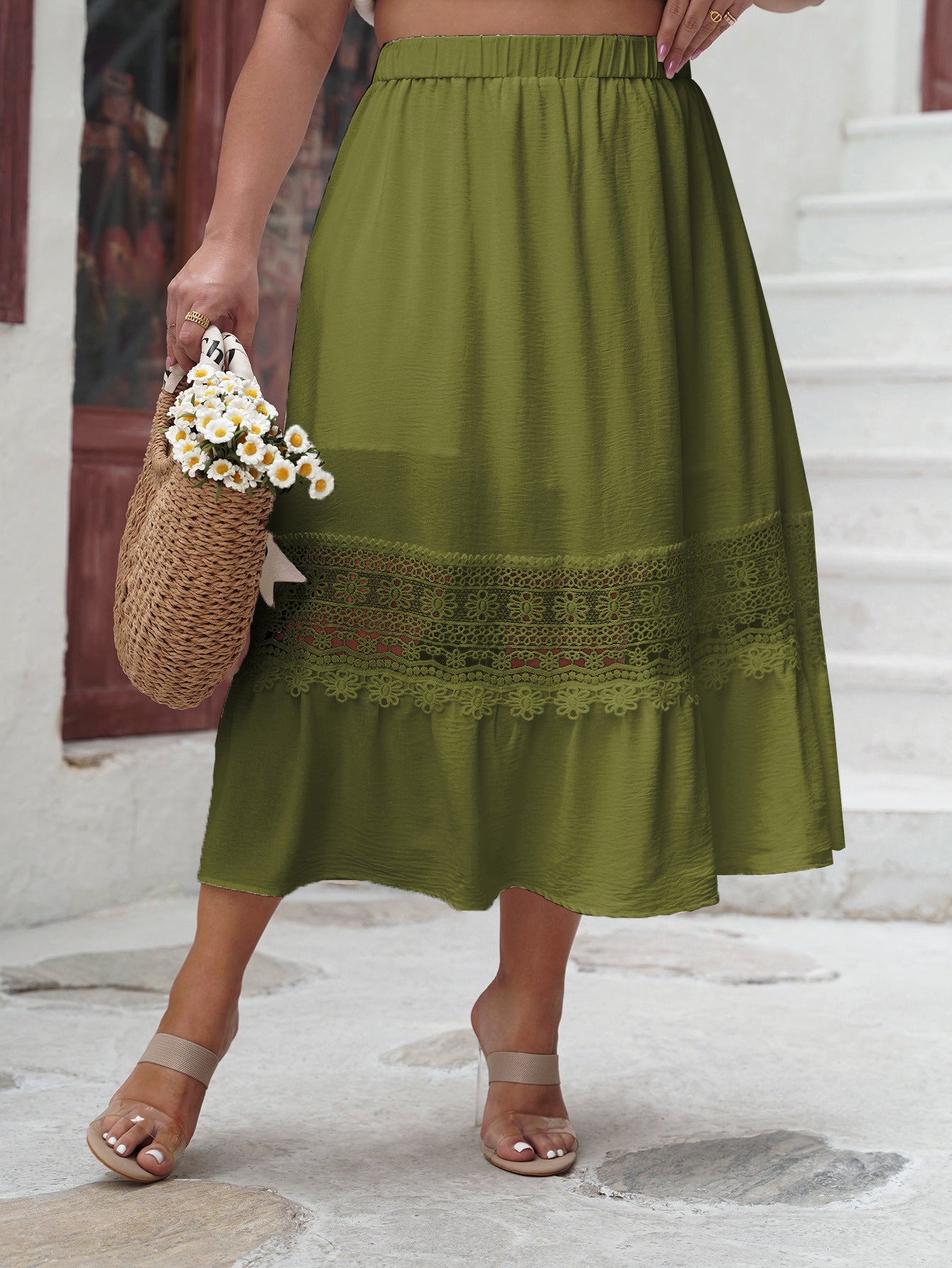 Elegant Midi Skirt with Delicate Lace Hem & Elastic Waist