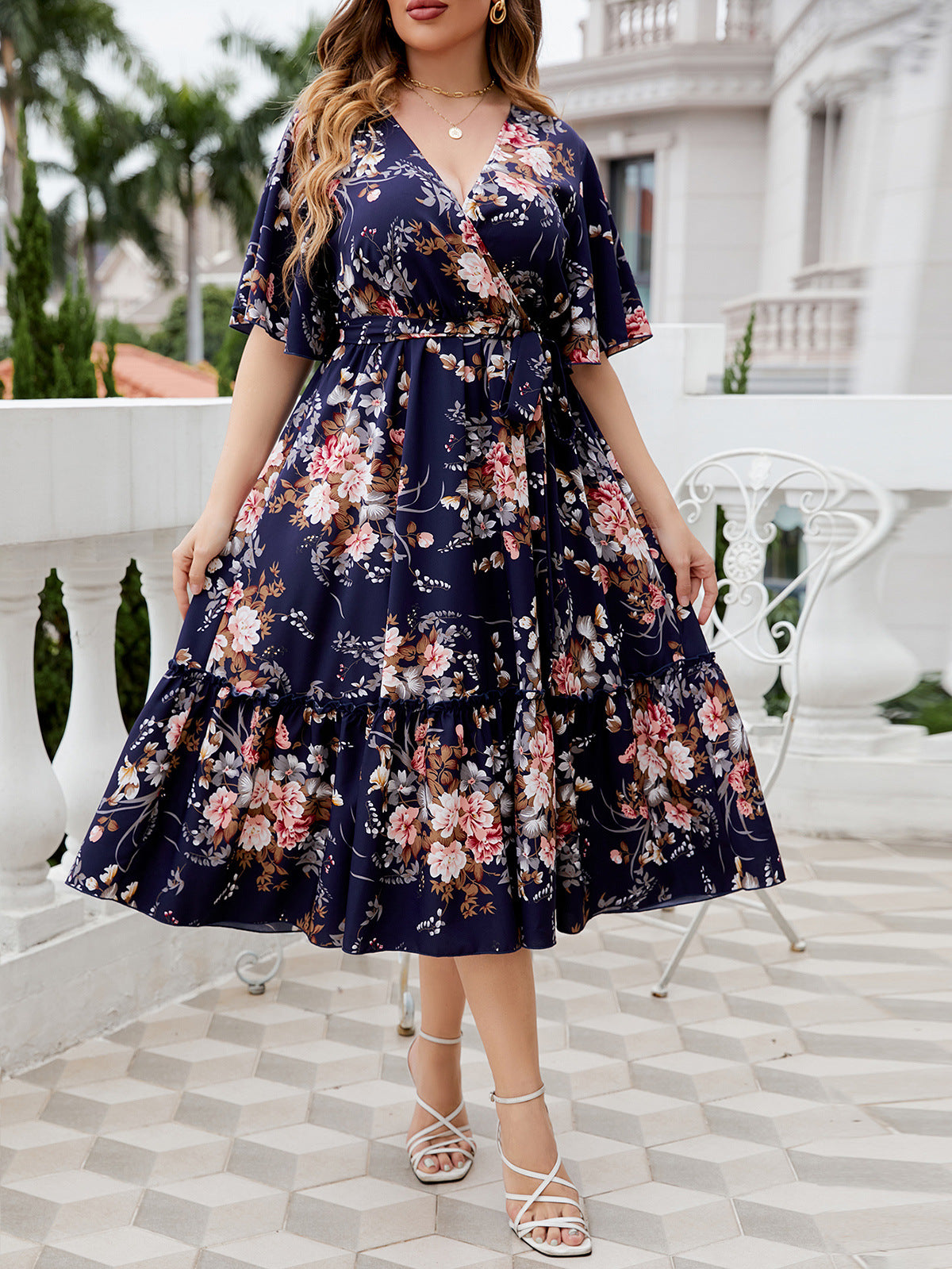 Plus Size Navy Floral Midi Dress – Elegant Wrap Style with Ruffle Hem and Waist Tie