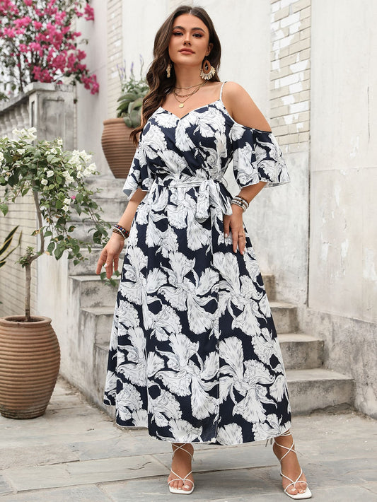 Chic Plus Size Cold Shoulder Floral Maxi Dress with Tie Waist