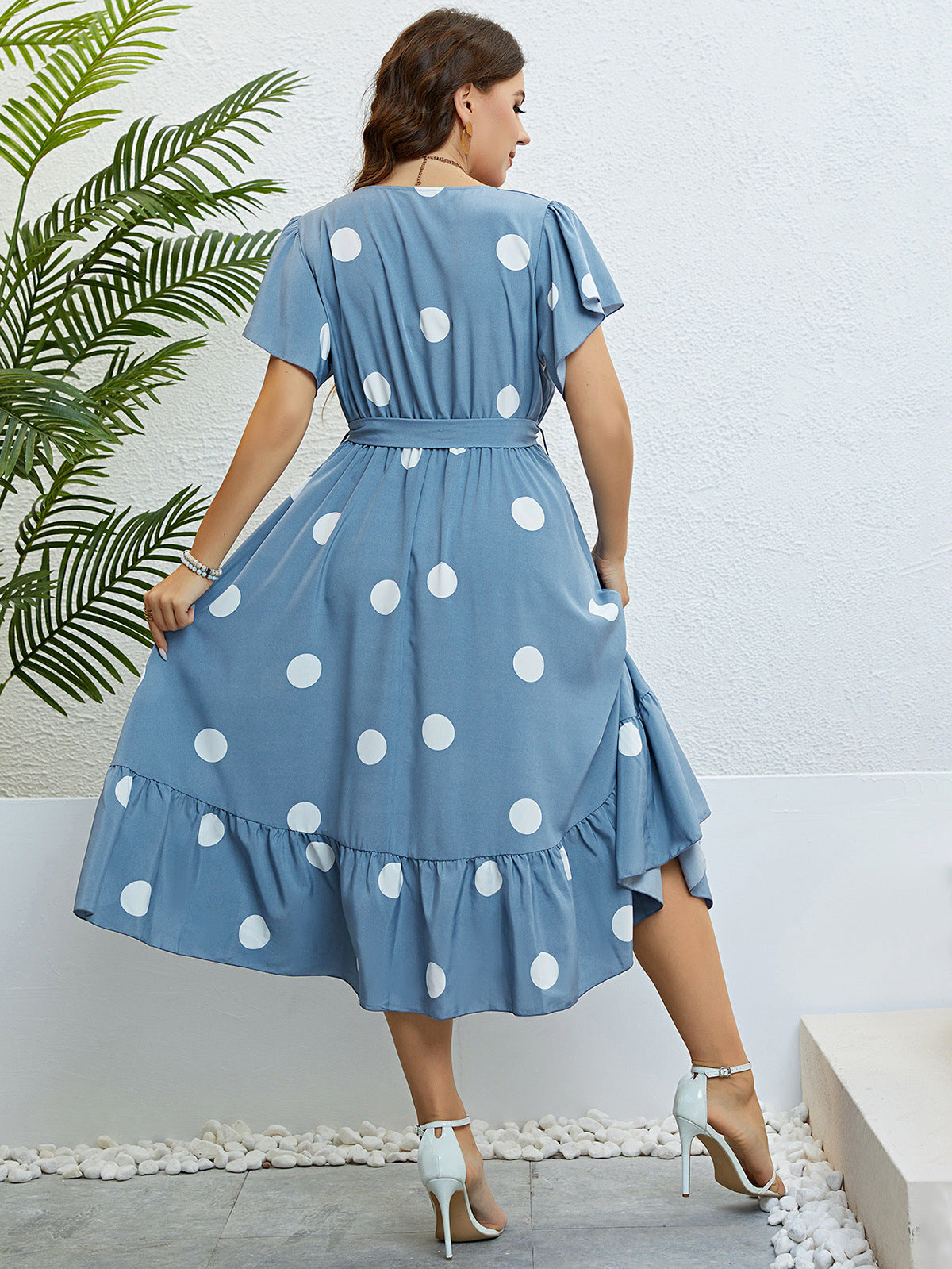 Charming Blue Polka Dot Midi Dress with Ruffle Hem & Tie Waist