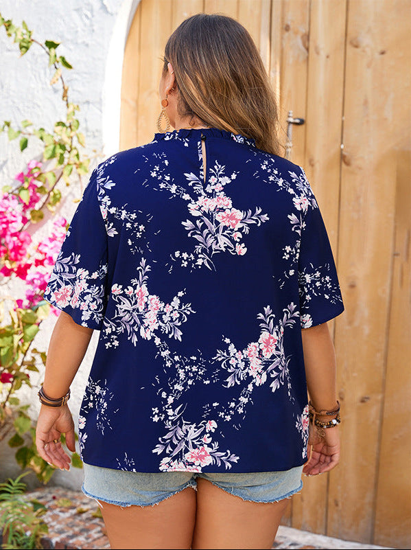 Boho Floral Cold Shoulder Blouse with Ruffle Trim & Lace Detail
