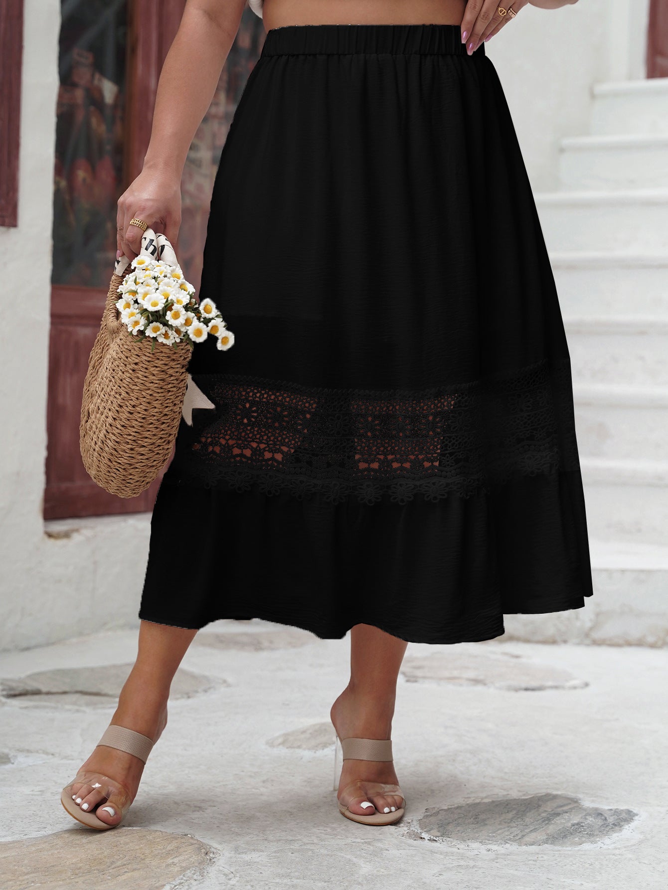 Elegant Midi Skirt with Delicate Lace Hem & Elastic Waist