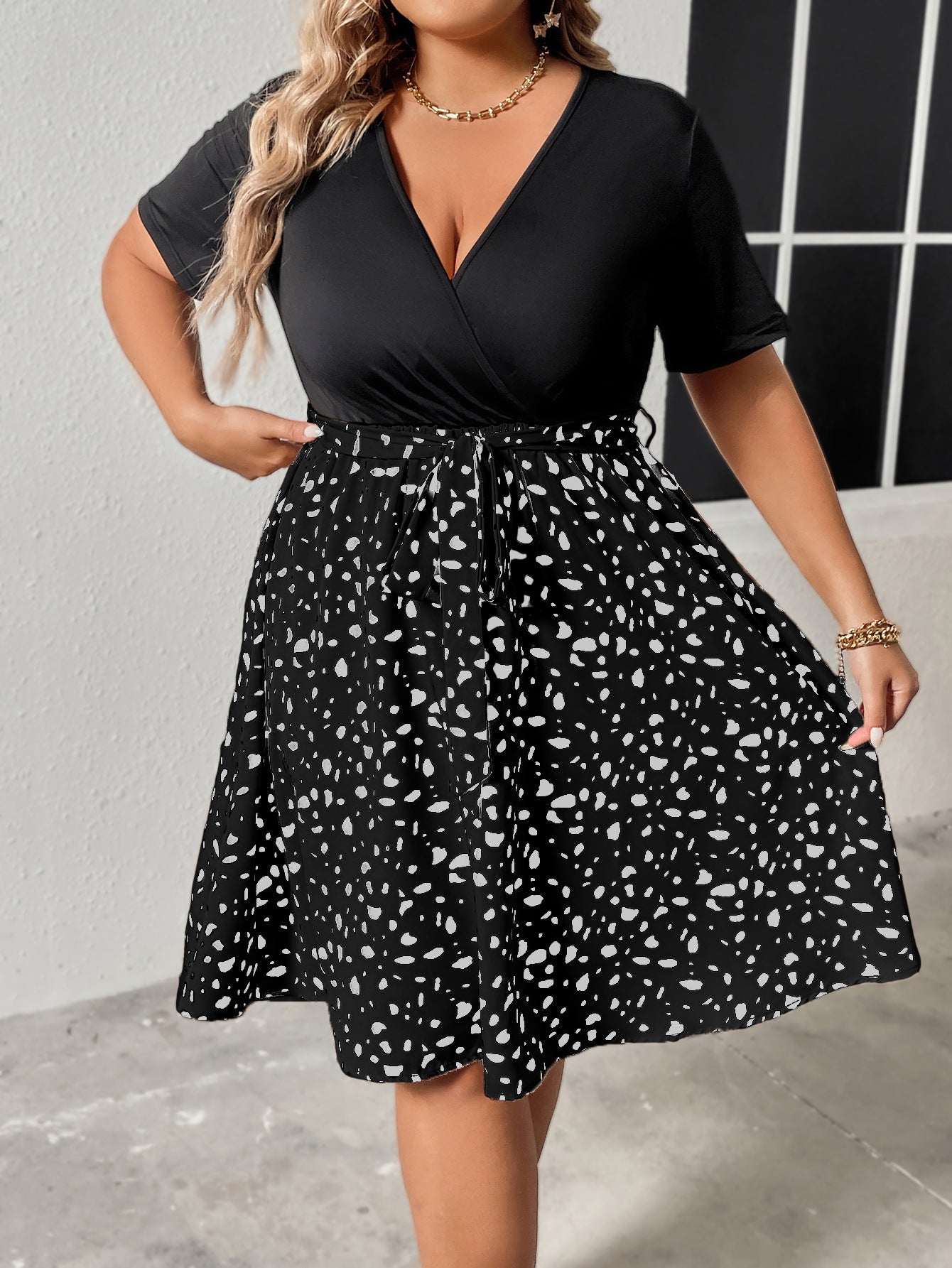 Plus Size V-Neck Mixed Print Mini Dress with Tie Waist - Available in 2 Colors