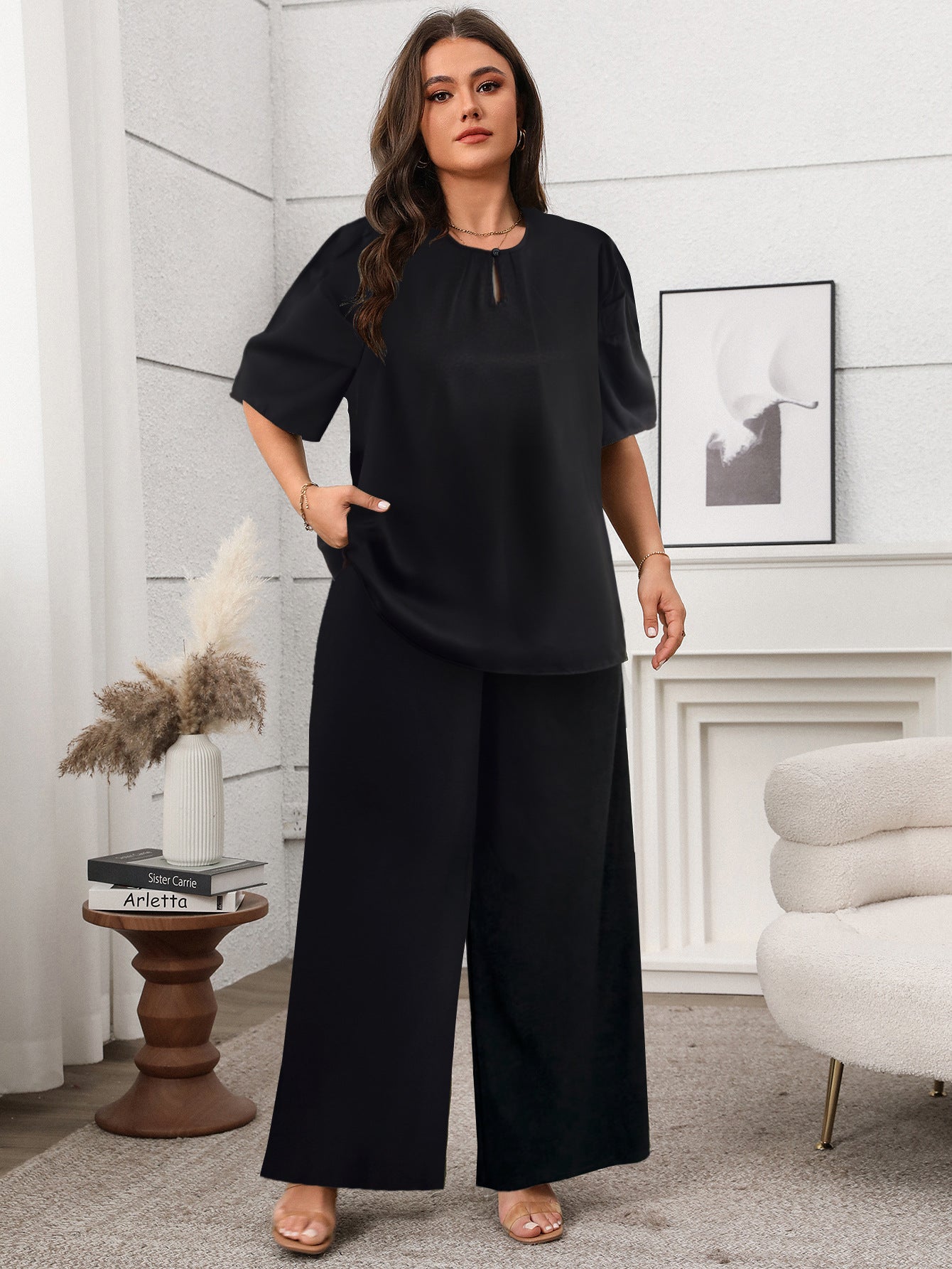 Effortless Black Two-Piece Top & Wide-Leg Pants Set - Comfortable & Chic