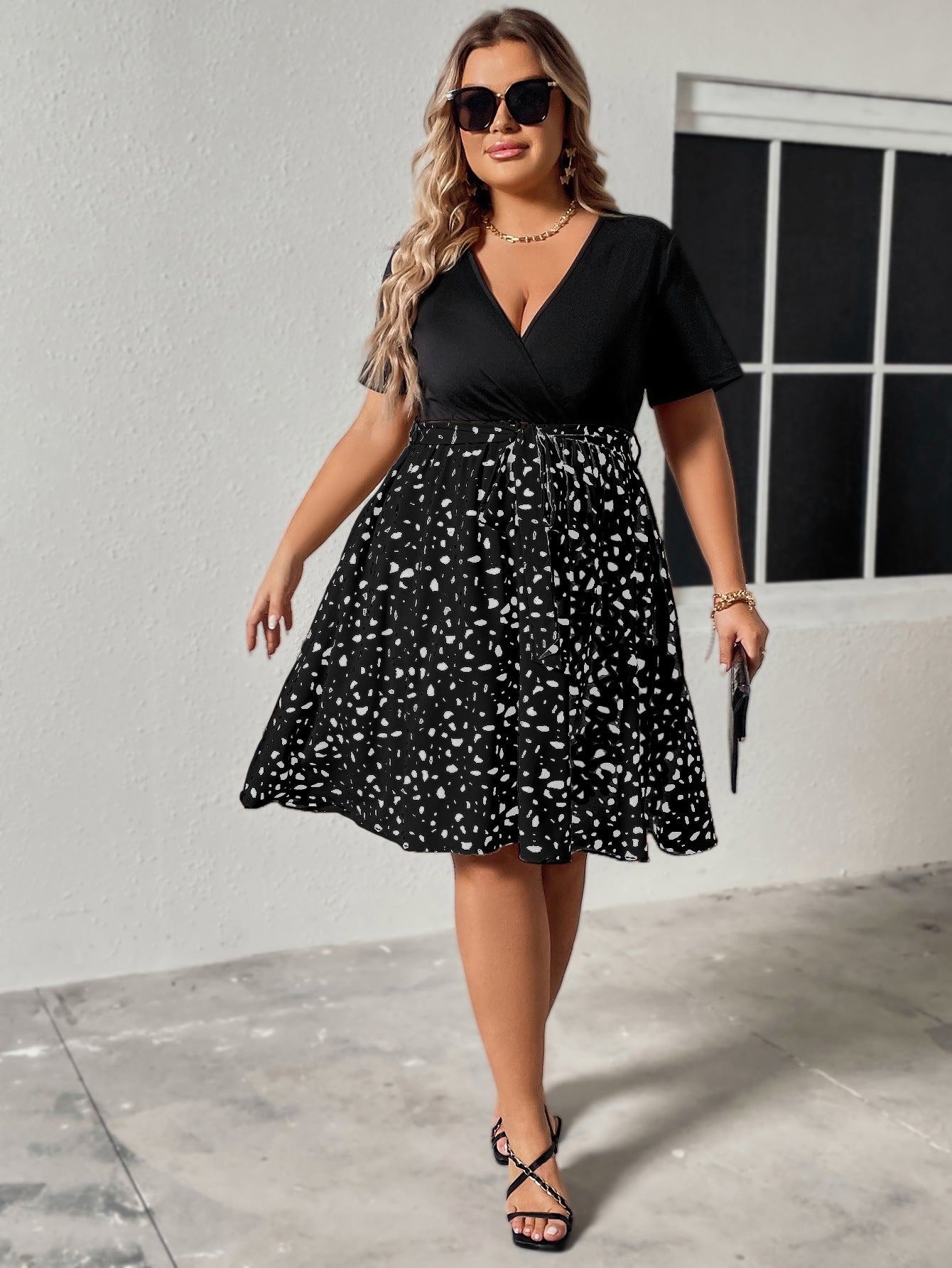Plus Size V-Neck Mixed Print Mini Dress with Tie Waist - Available in 2 Colors