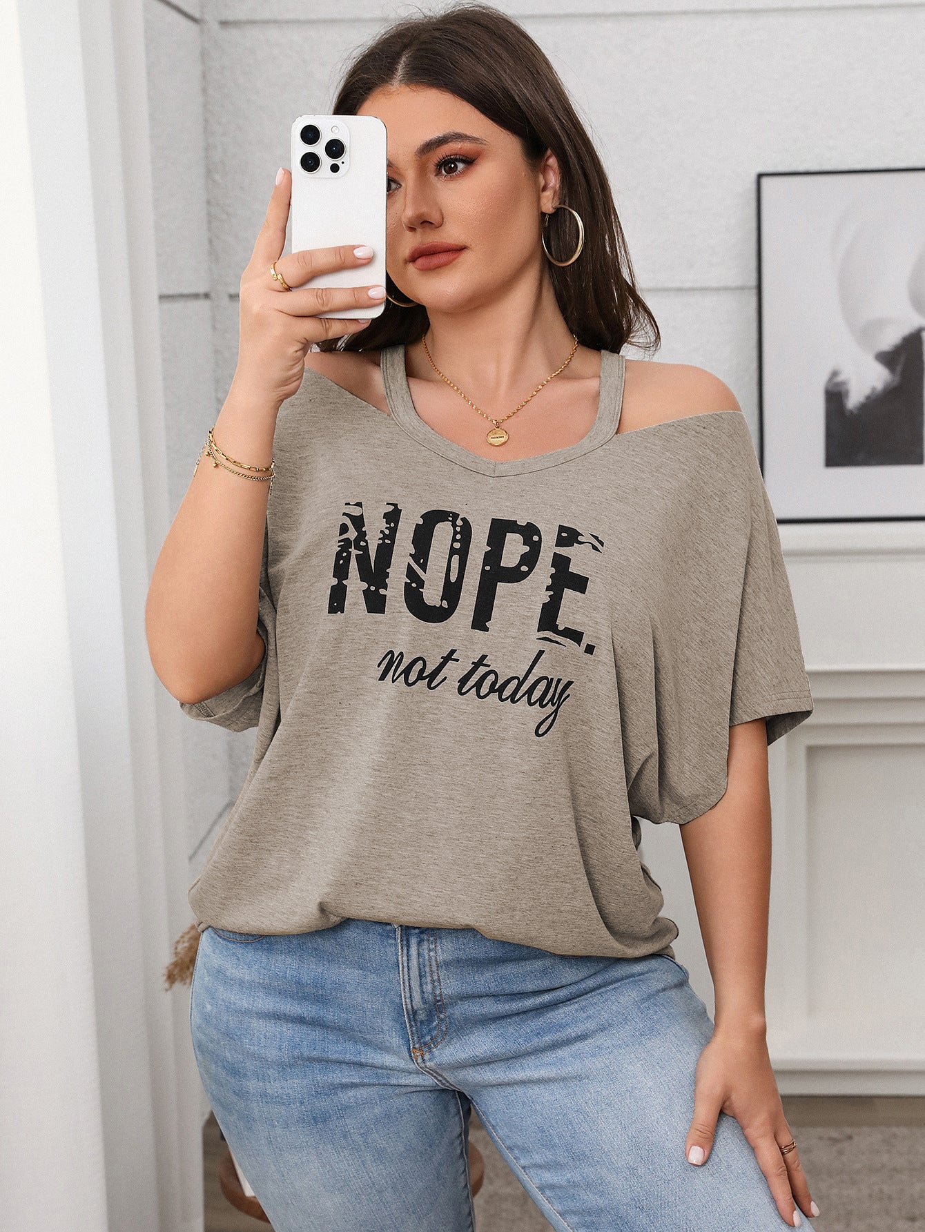 Relaxed Fit Graphic Cold Shoulder Top - "Nope Not Today" - Available in 3 Colors