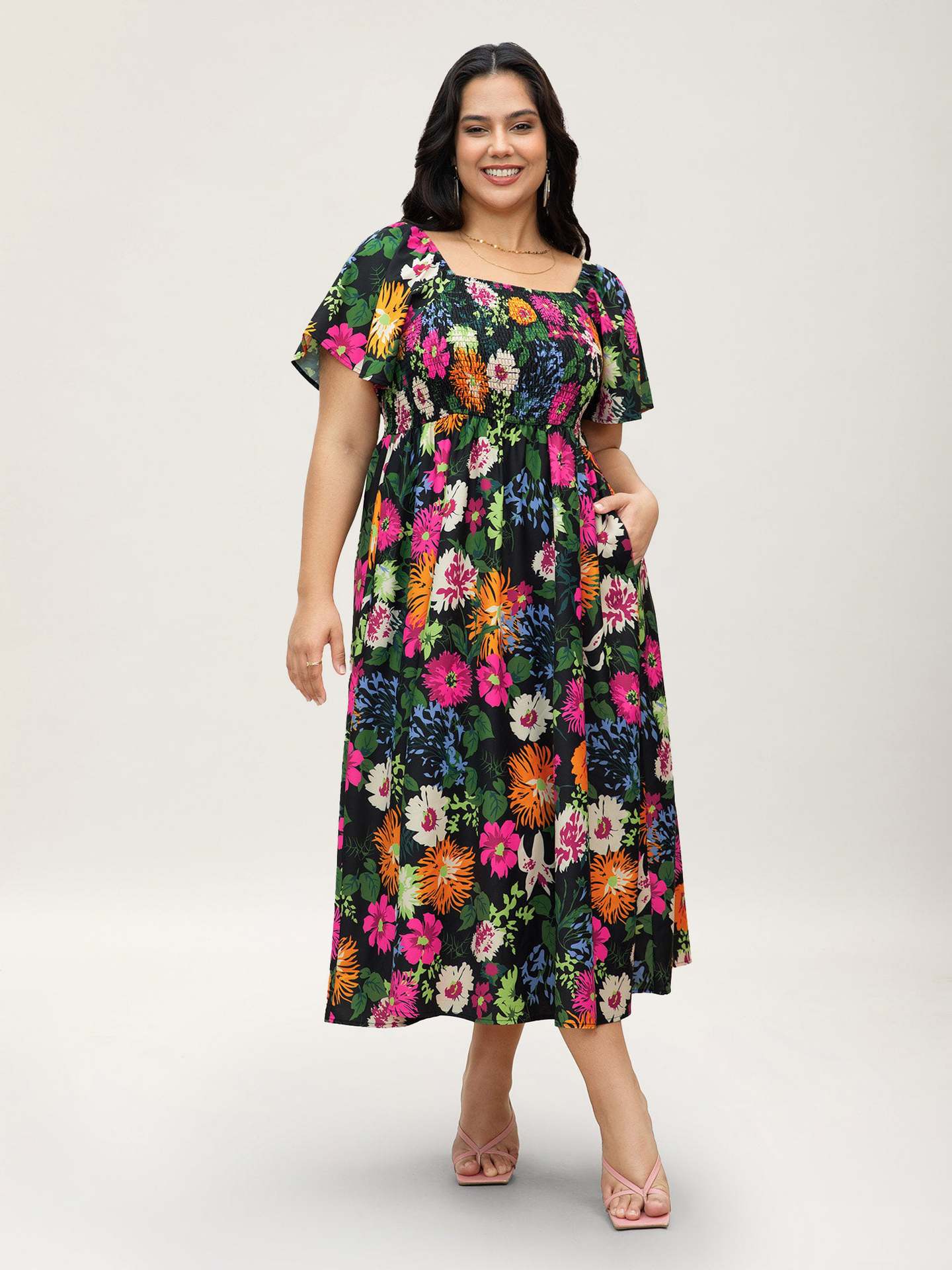 Vibrant Floral Smocked Midi Dress with Puff Sleeves and Pockets