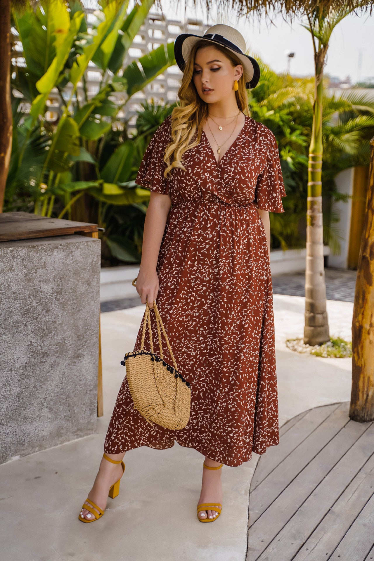 Effortless V-Neck Wrap Style Midi Dress with Designer Print - Leisure & Comfort