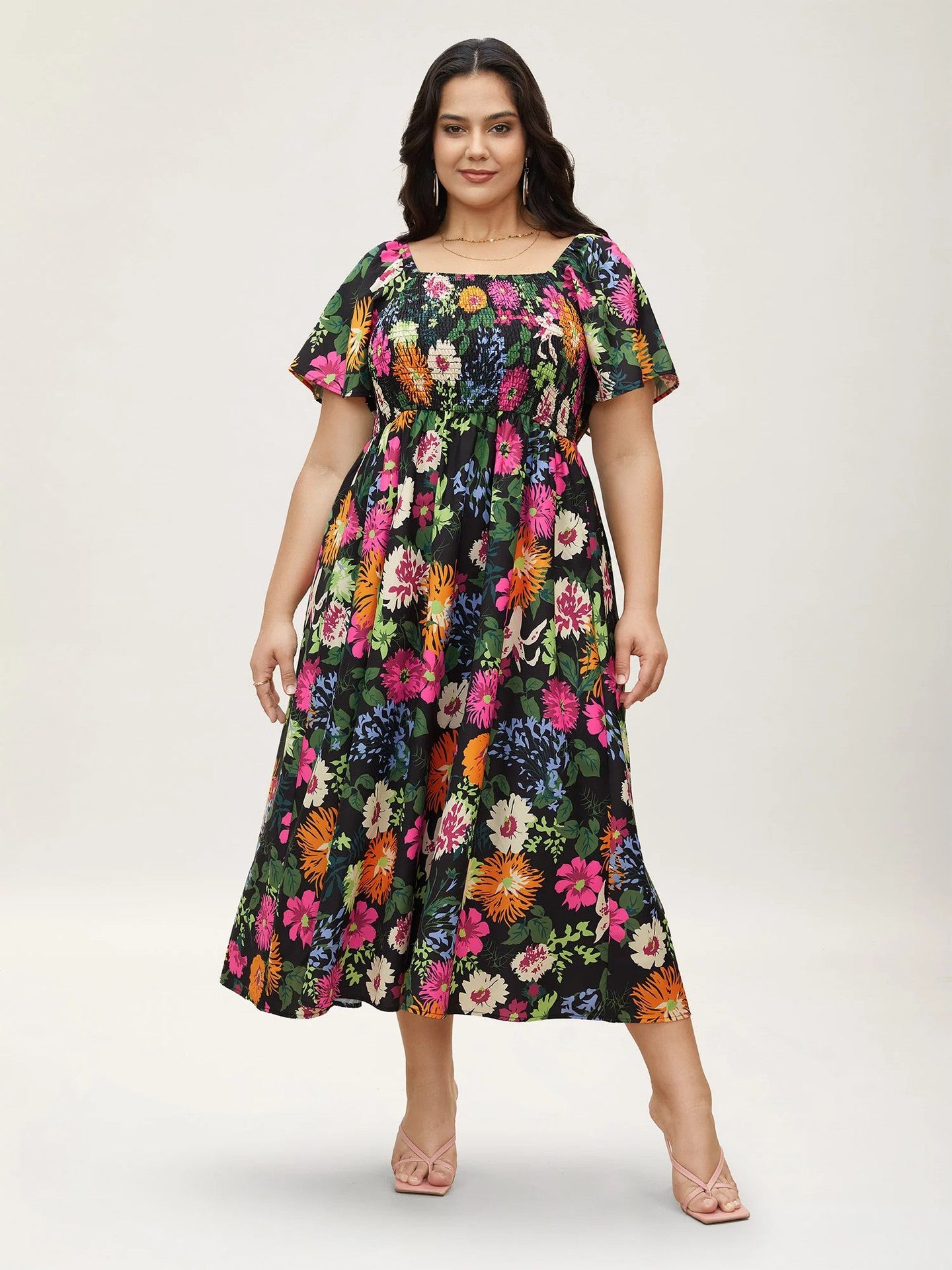 Vibrant Floral Smocked Midi Dress with Puff Sleeves and Pockets