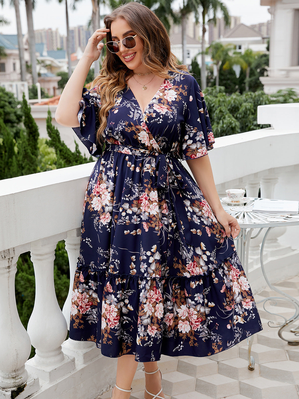 Plus Size Navy Floral Midi Dress – Elegant Wrap Style with Ruffle Hem and Waist Tie