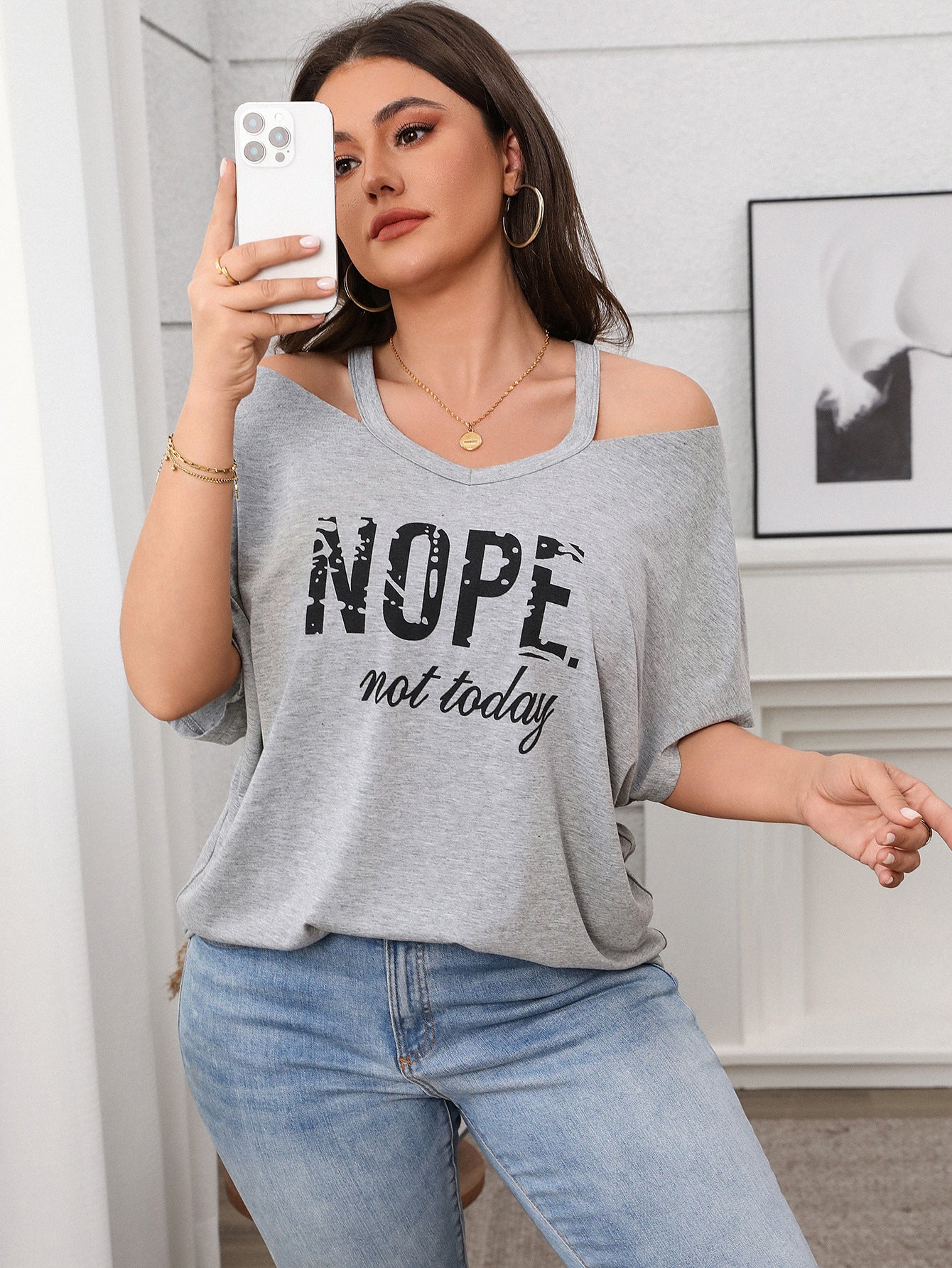 Relaxed Fit Graphic Cold Shoulder Top - "Nope Not Today" - Available in 3 Colors