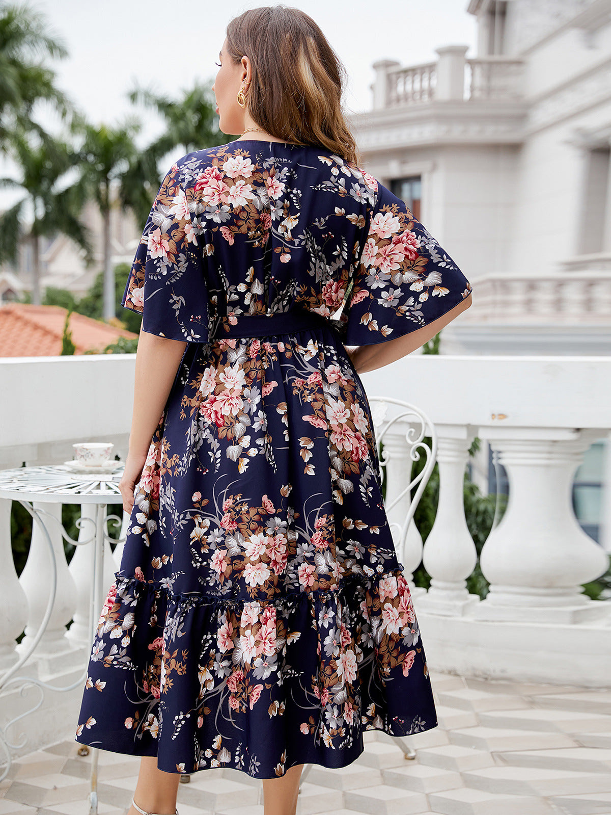 Plus Size Navy Floral Midi Dress – Elegant Wrap Style with Ruffle Hem and Waist Tie