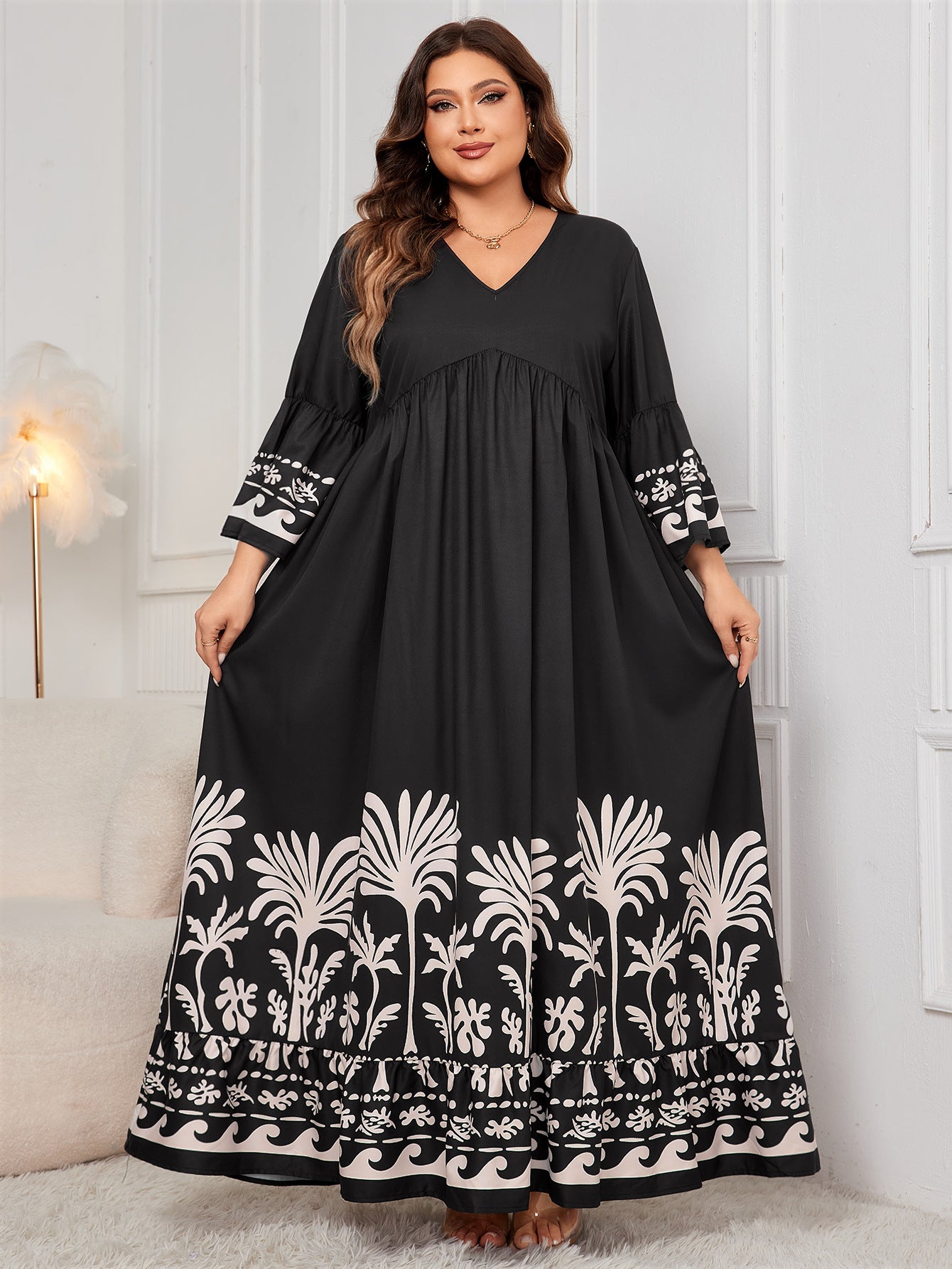 Plus Size Bohemian Maxi Dress with Bell Sleeves and Tribal Print