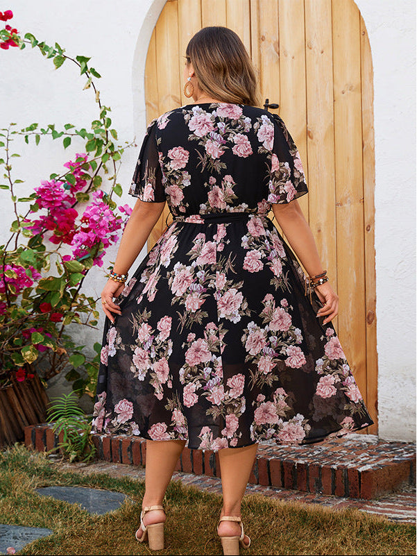 Plus Size Floral Midi Dress – Elegant Black Base with Soft Pink Rose Print, Tie Waist, Short Sleeves