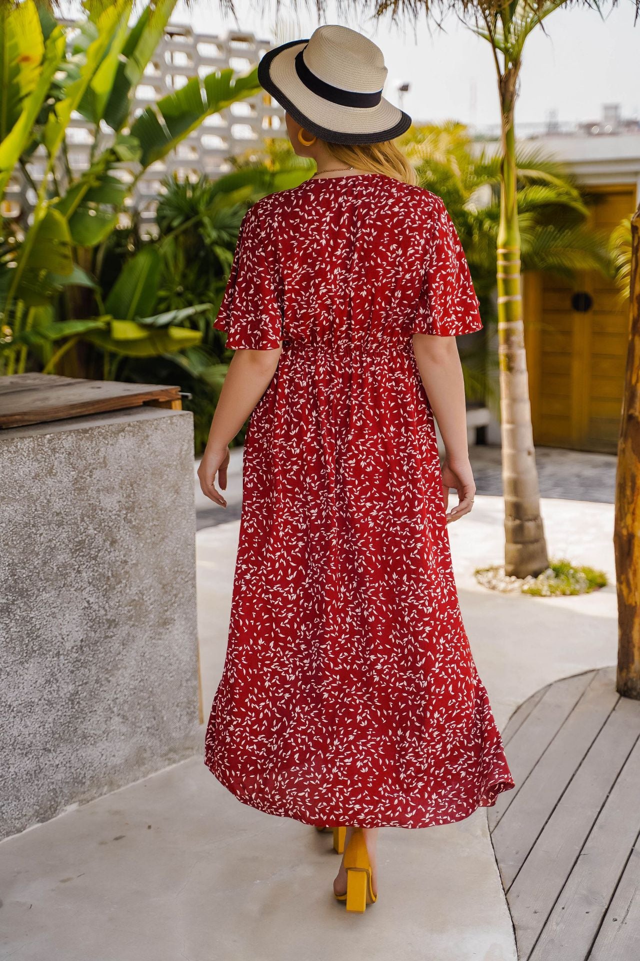 Effortless V-Neck Wrap Style Midi Dress with Designer Print - Leisure & Comfort