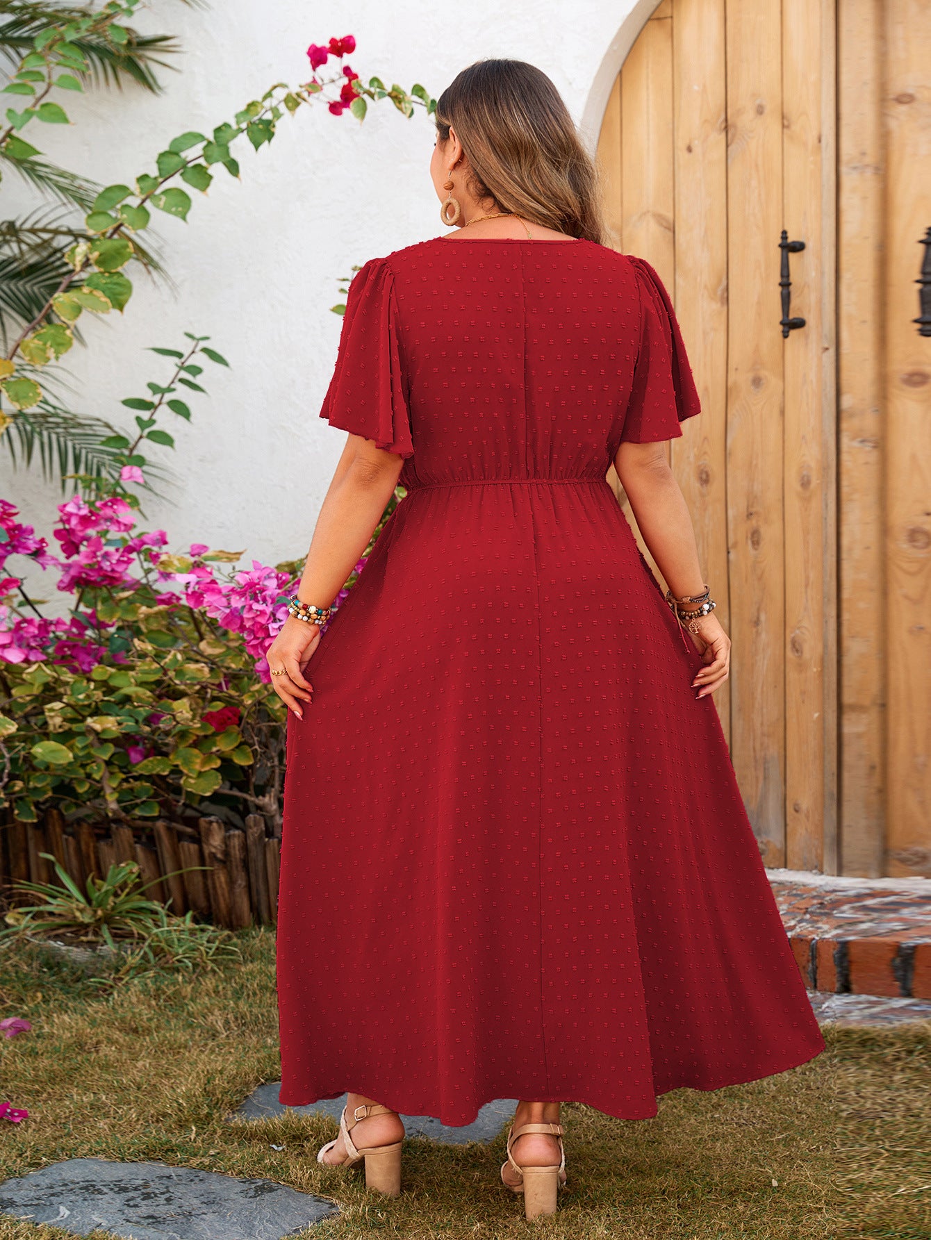 Rustic Red Tiered Midi Dress with V-Neck and Flutter Sleeves