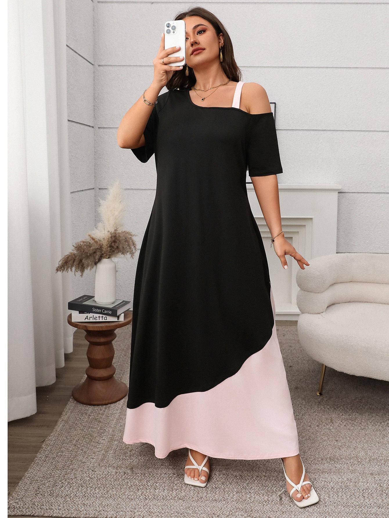 Asymmetrical Color-Block Maxi Dress with Cold Shoulder Detail