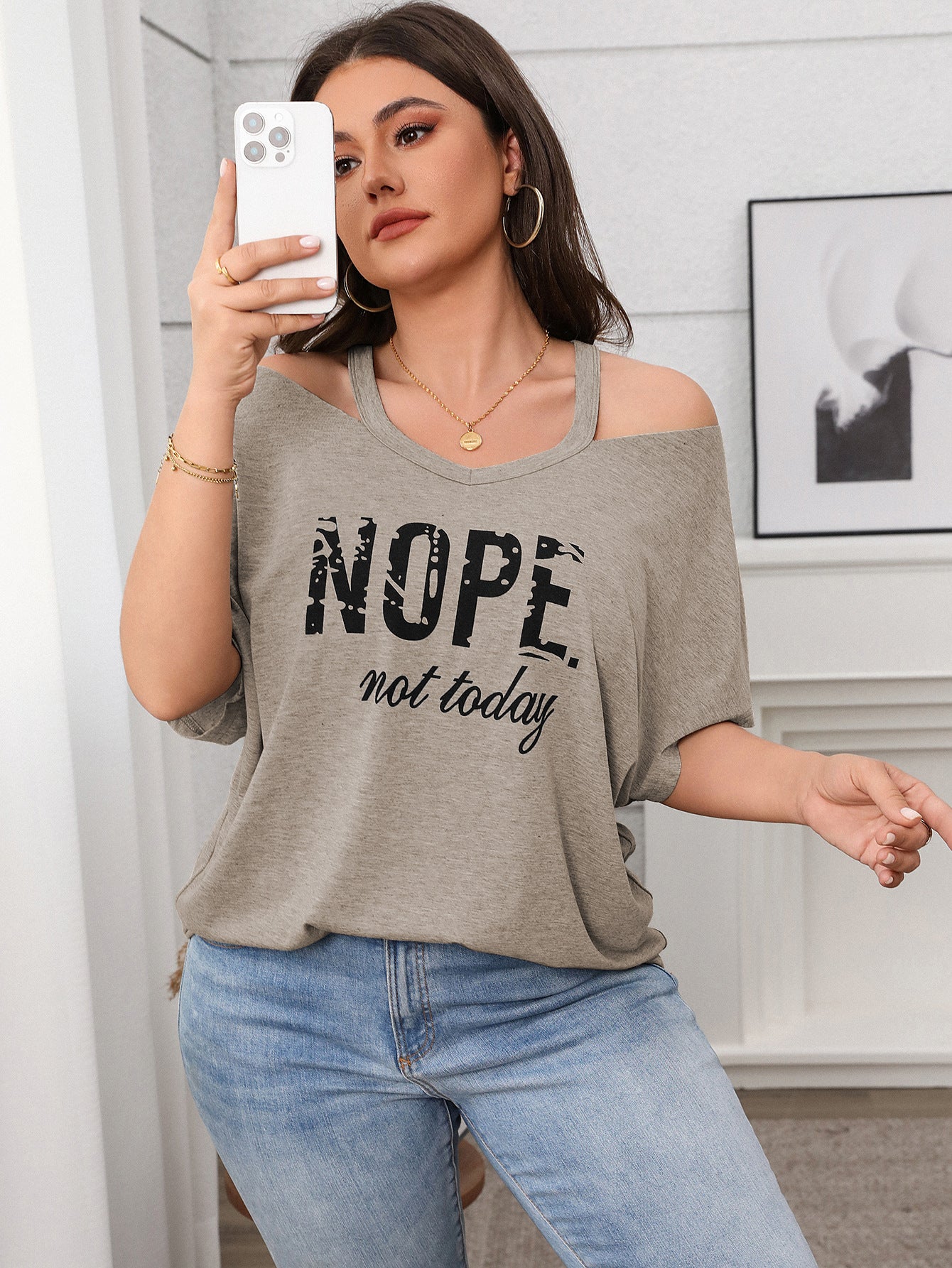 Relaxed Fit Graphic Cold Shoulder Top - "Nope Not Today" - Available in 3 Colors