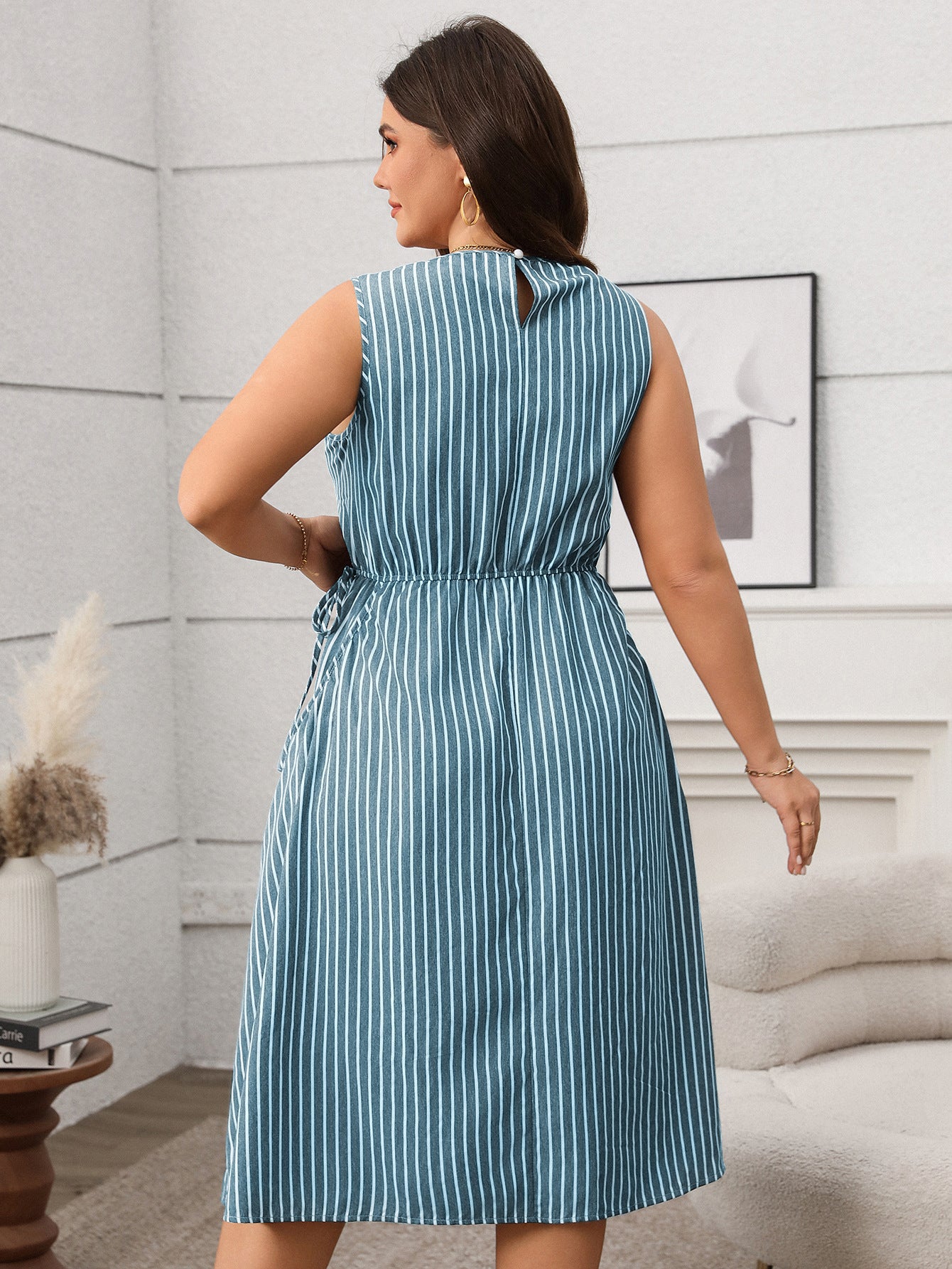Plus Size Striped Sleeveless Midi Dress with Pockets - Soft & Comfortable in 2 Colors