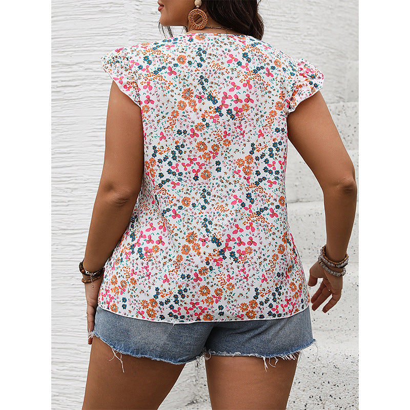 Sweet Floral Print V-Neck Blouse with Ruffle Sleeves - Summer Essential