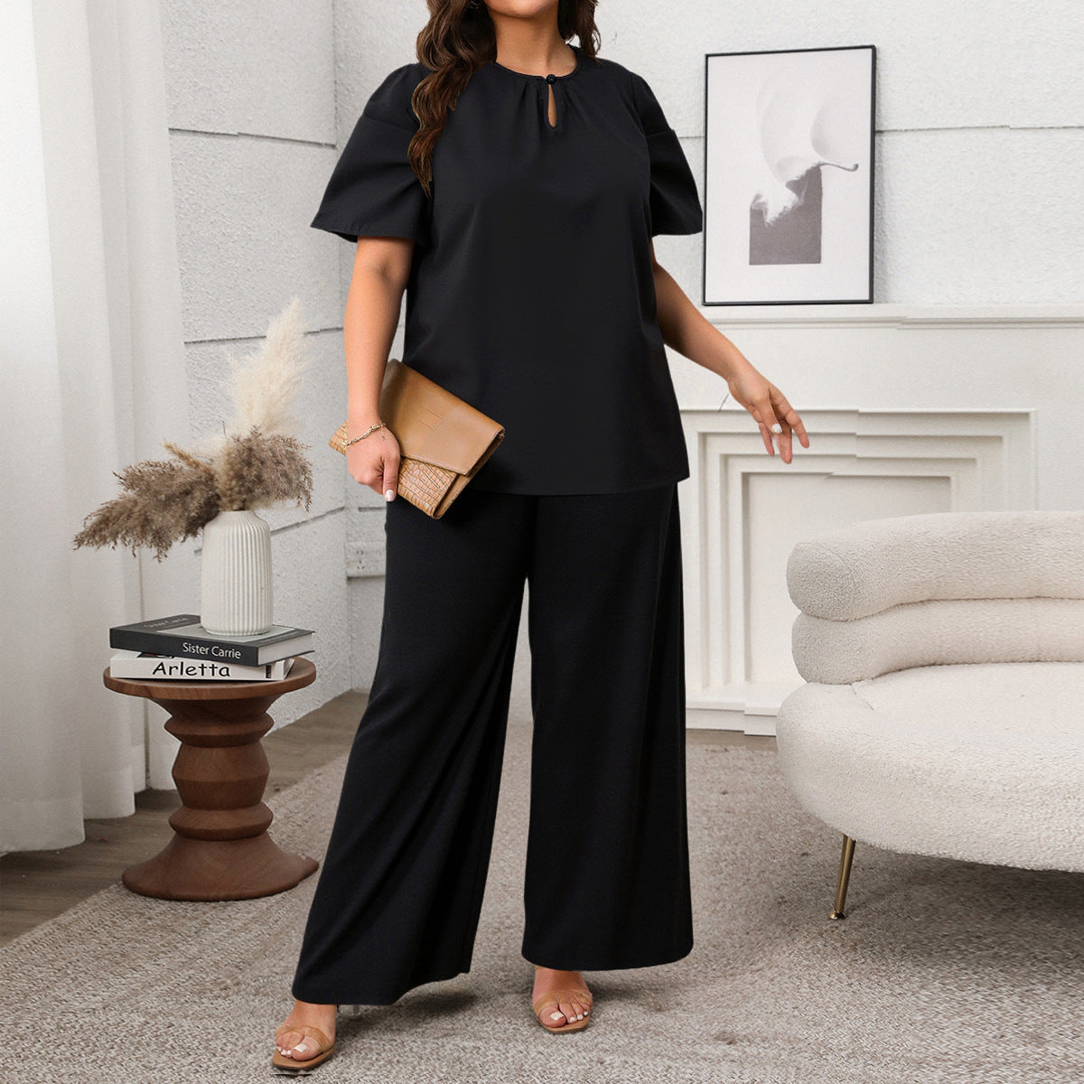 Effortless Black Two-Piece Top & Wide-Leg Pants Set - Comfortable & Chic
