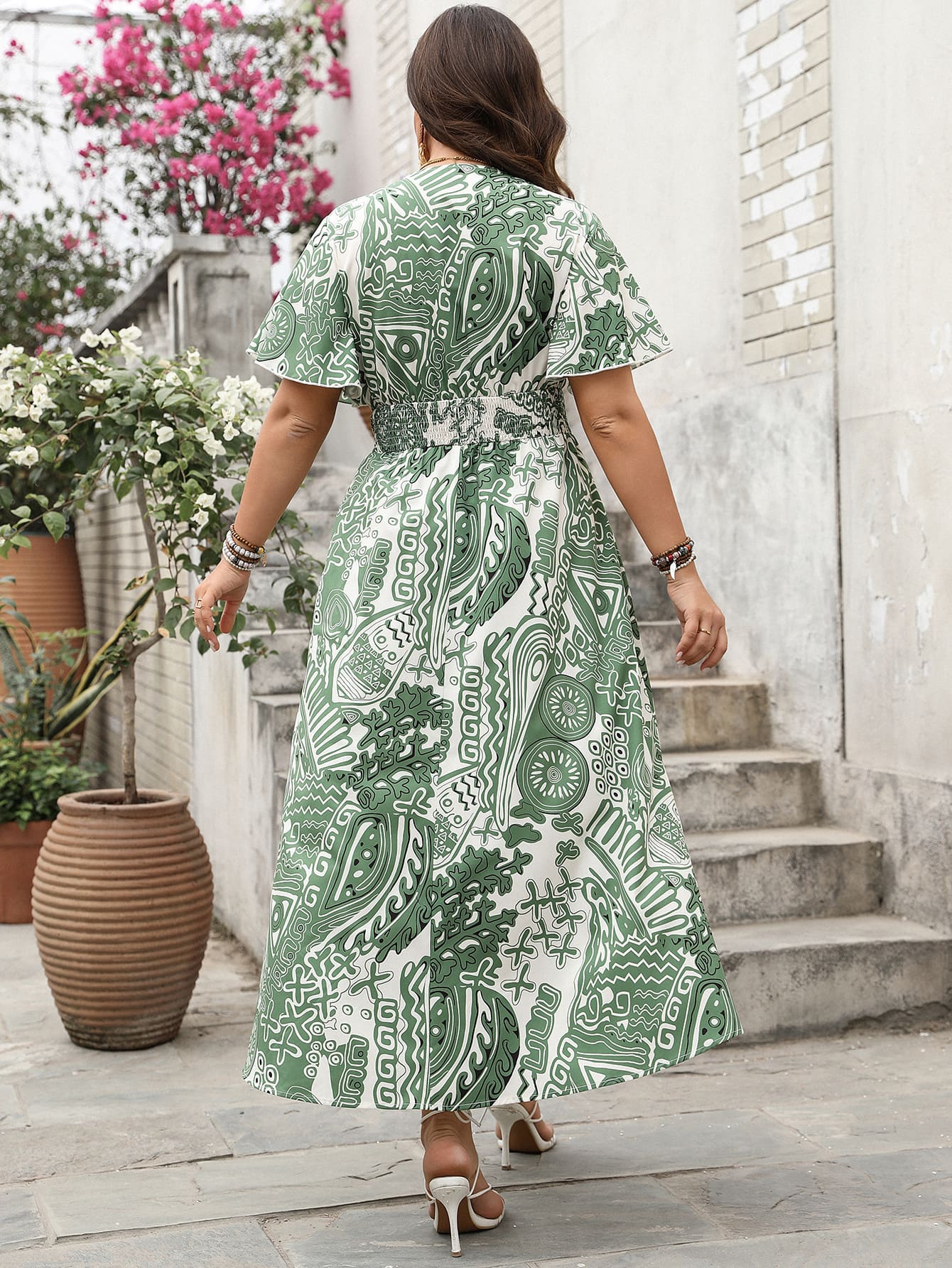 Boho Green Tribal Print V-Neck Maxi Dress with Elastic Waist