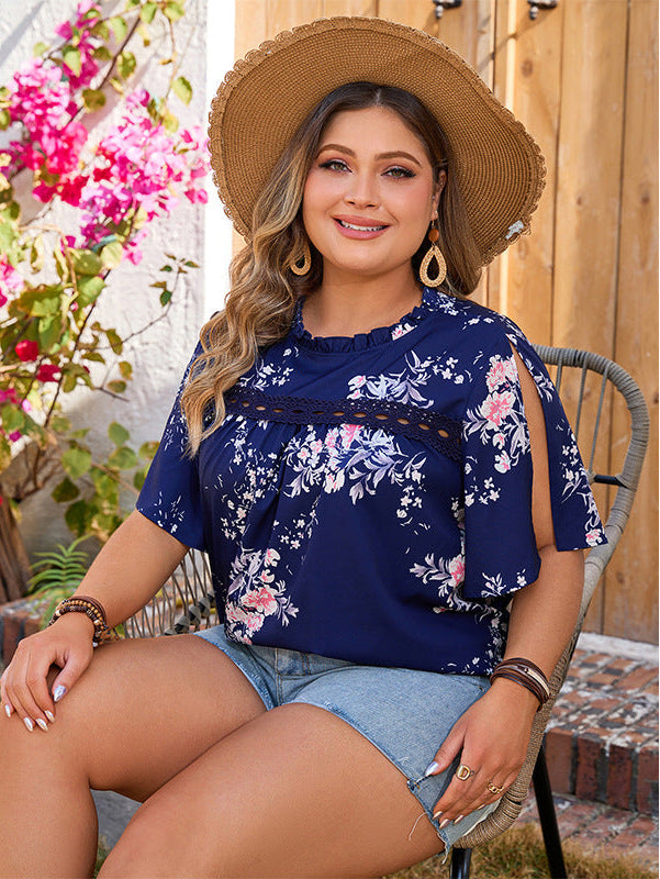 Boho Floral Cold Shoulder Blouse with Ruffle Trim & Lace Detail