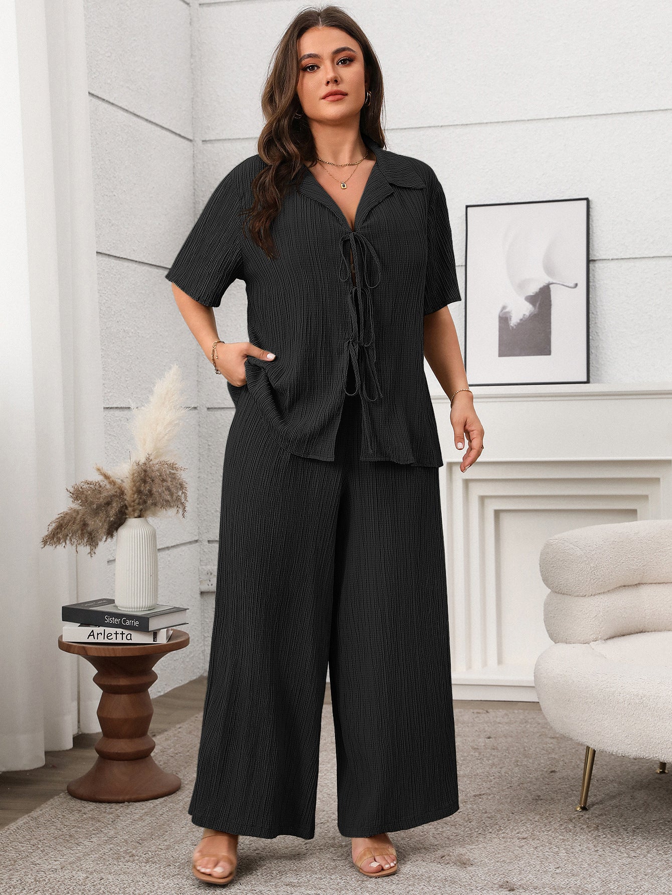 Soft & Comfortable Plus Size Pleated Two-Piece Set - Shirt & Wide-Leg Pants (2 Colors)