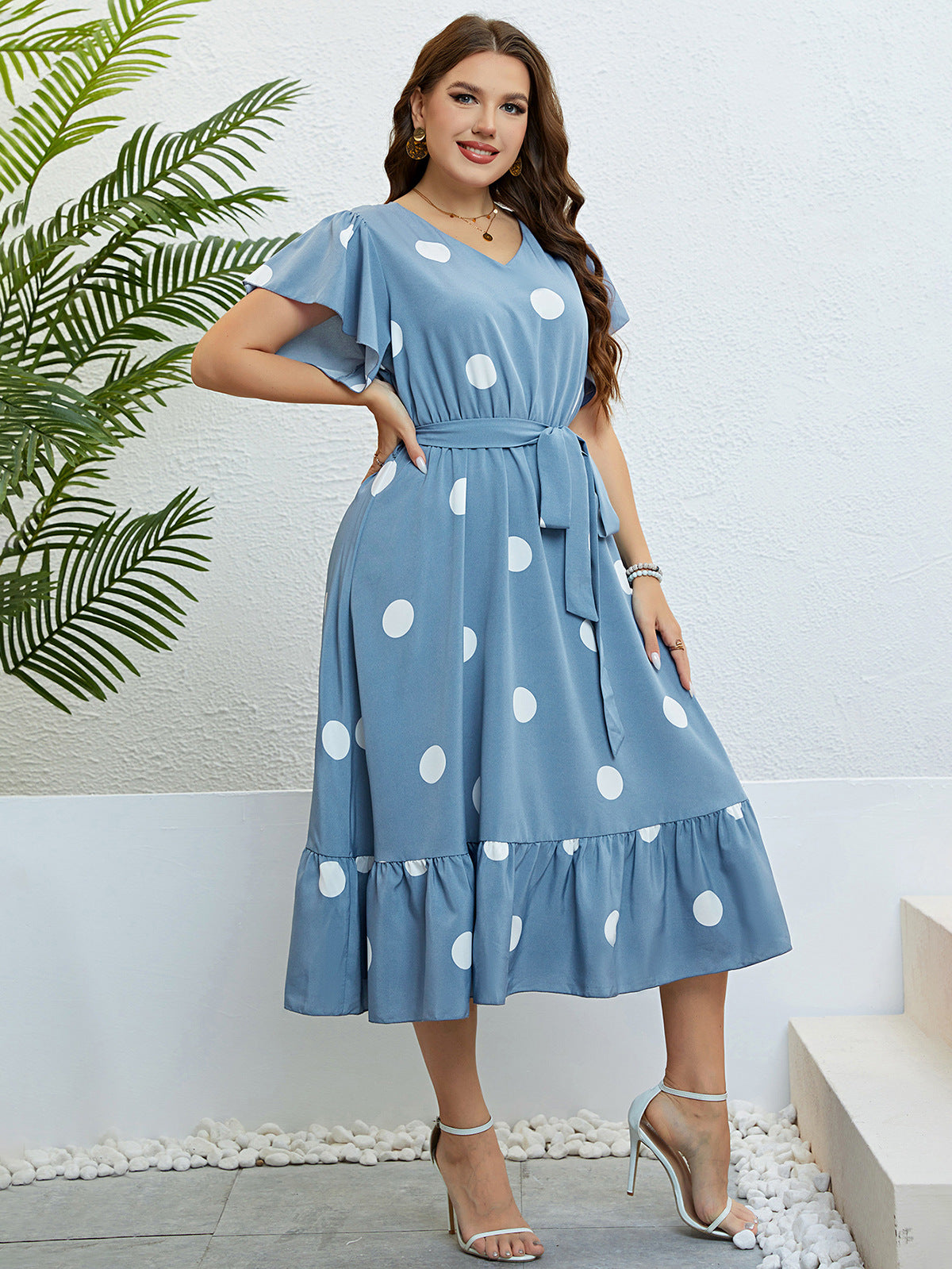 Charming Blue Polka Dot Midi Dress with Ruffle Hem & Tie Waist