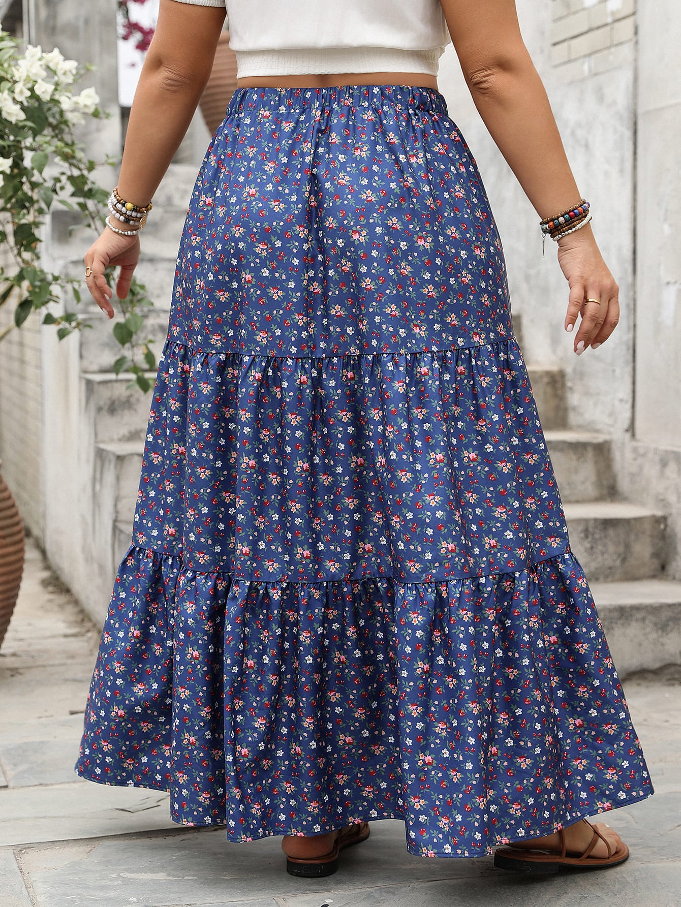 Breathable Floral Print Tiered Maxi Skirt with Lace Trim - Effortless Comfort