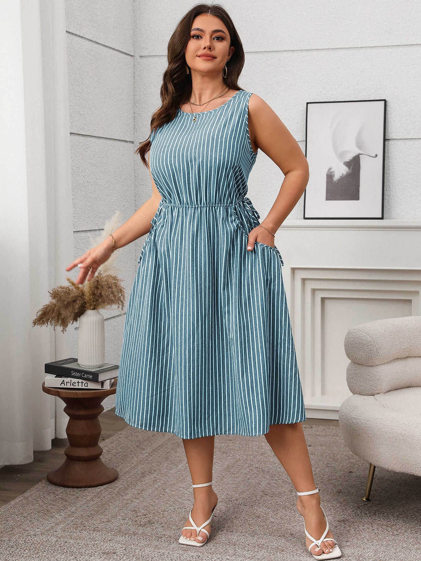 Plus Size Striped Sleeveless Midi Dress with Pockets - Soft & Comfortable in 2 Colors