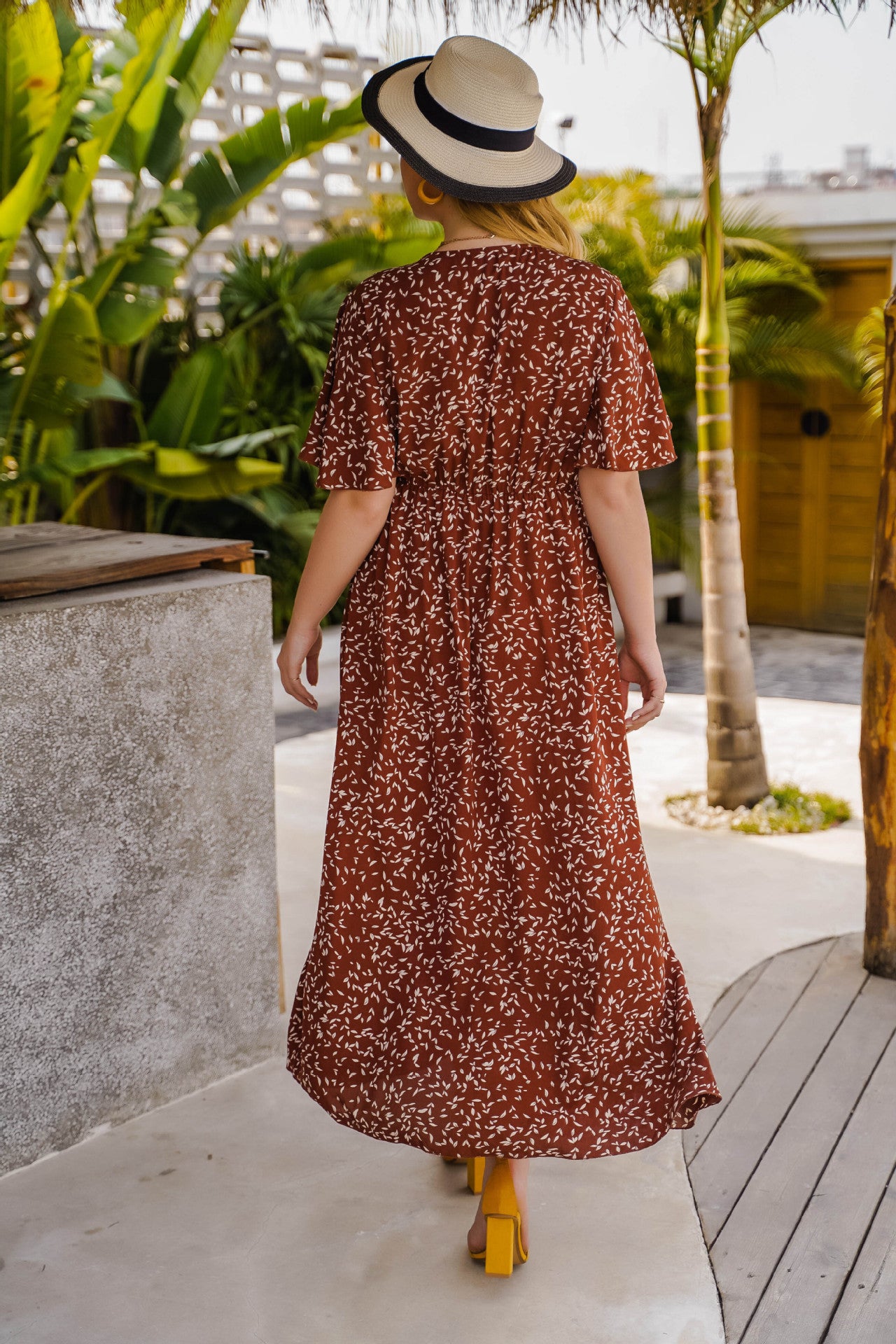 Effortless V-Neck Wrap Style Midi Dress with Designer Print - Leisure & Comfort