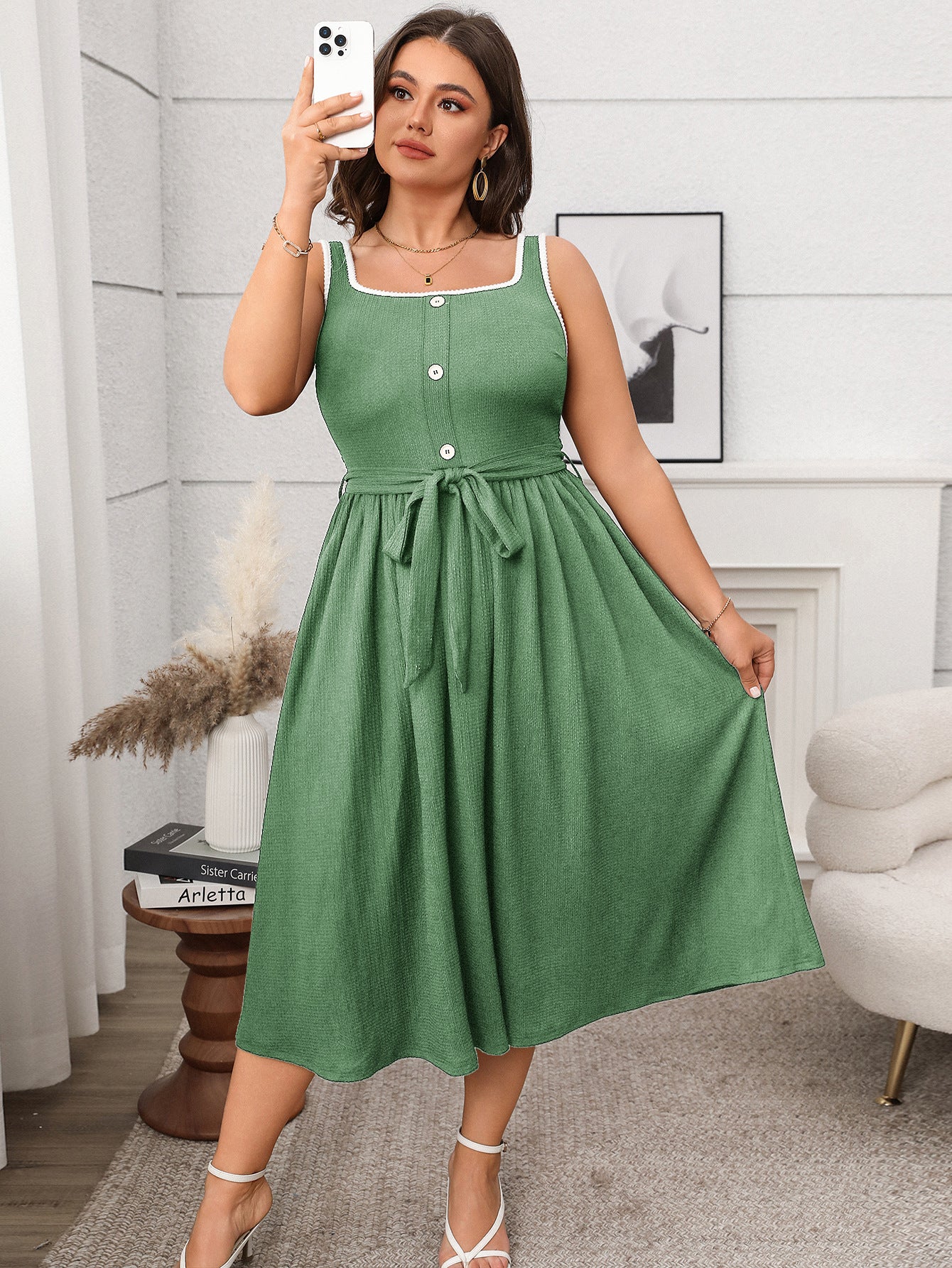 Plus Size Soft & Comfortable Button-Front Midi Dress with Tie Waist - Available in 2 Colors