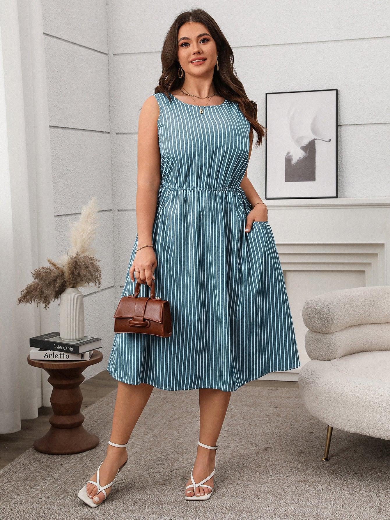 Plus Size Striped Sleeveless Midi Dress with Pockets - Soft & Comfortable in 2 Colors