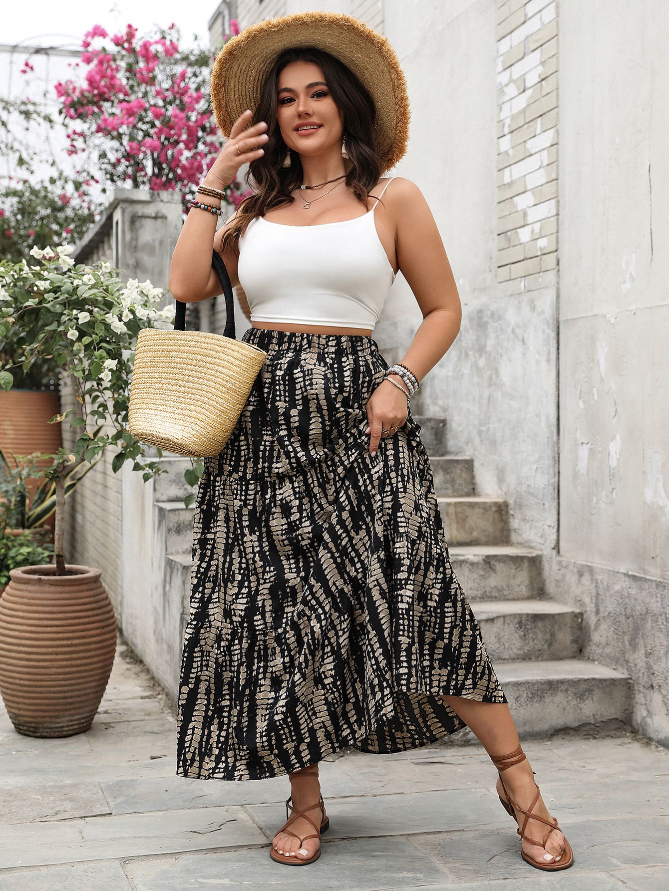 Soft & Comfortable Abstract Print Tiered Maxi Skirt with Elastic Waist