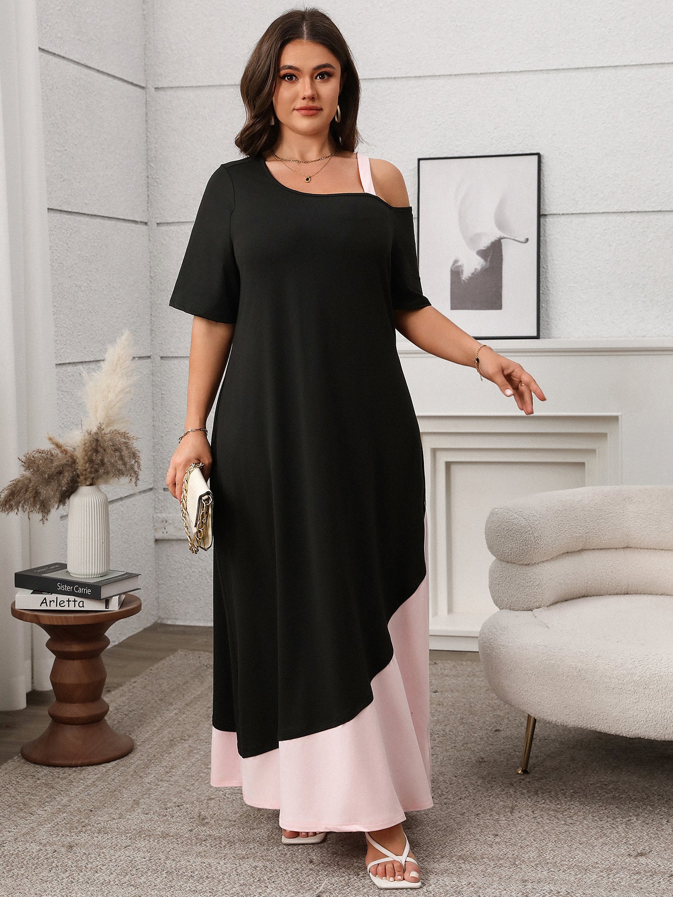 Asymmetrical Color-Block Maxi Dress with Cold Shoulder Detail