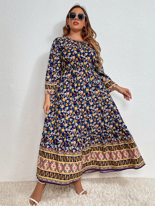 Boho Chic Floral Print Long Sleeve Maxi Dress with Border Print