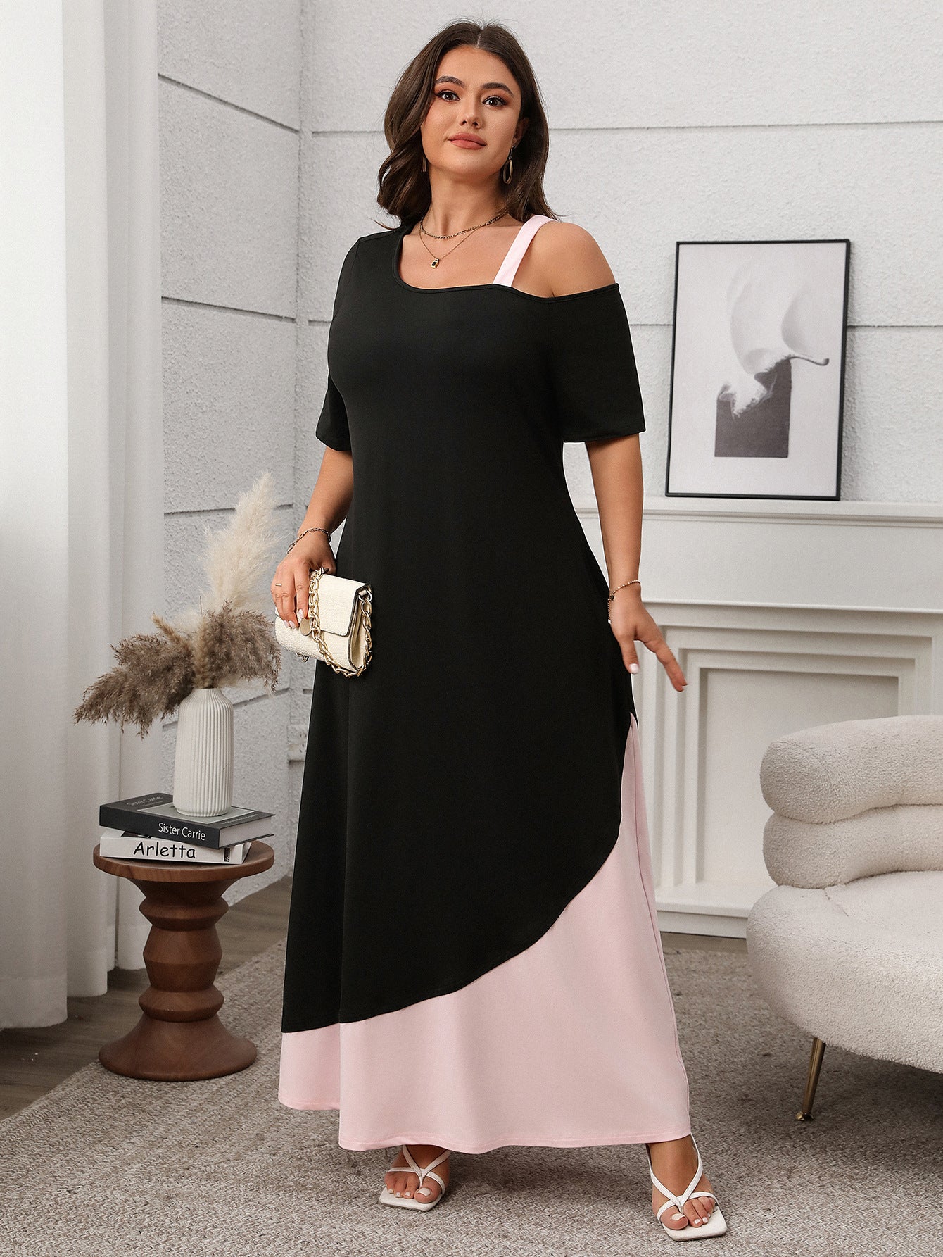 Asymmetrical Color-Block Maxi Dress with Cold Shoulder Detail