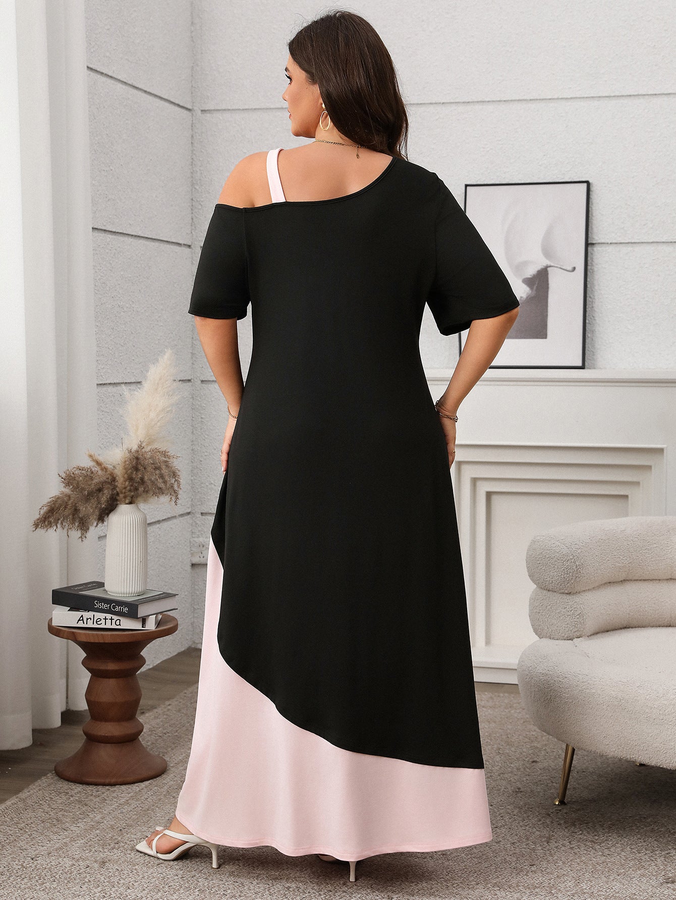 Asymmetrical Color-Block Maxi Dress with Cold Shoulder Detail