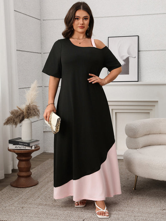 Asymmetrical Color-Block Maxi Dress with Cold Shoulder Detail