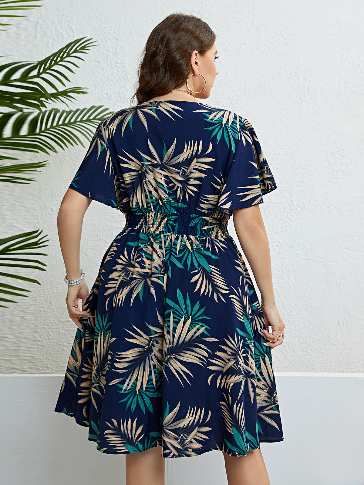 Tropical V-Neck A-Line Summer Dress with Leaf Print