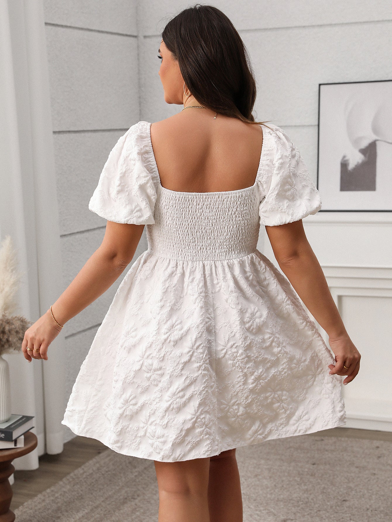 Plus Size White Puff Sleeve Mini Dress – Textured Floral Fabric, Sweetheart Neckline, Romantic Fit