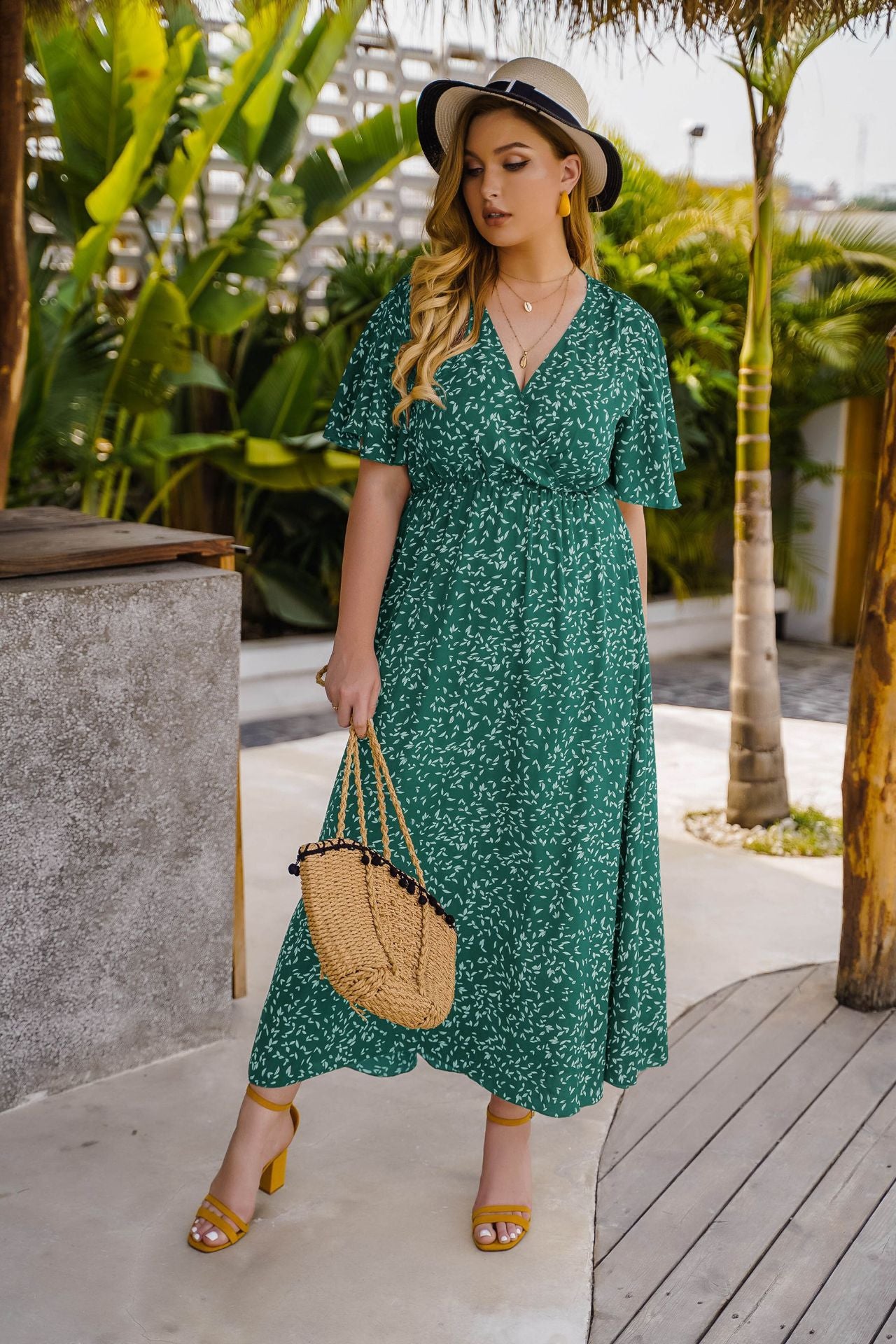 Effortless V-Neck Wrap Style Midi Dress with Designer Print - Leisure & Comfort