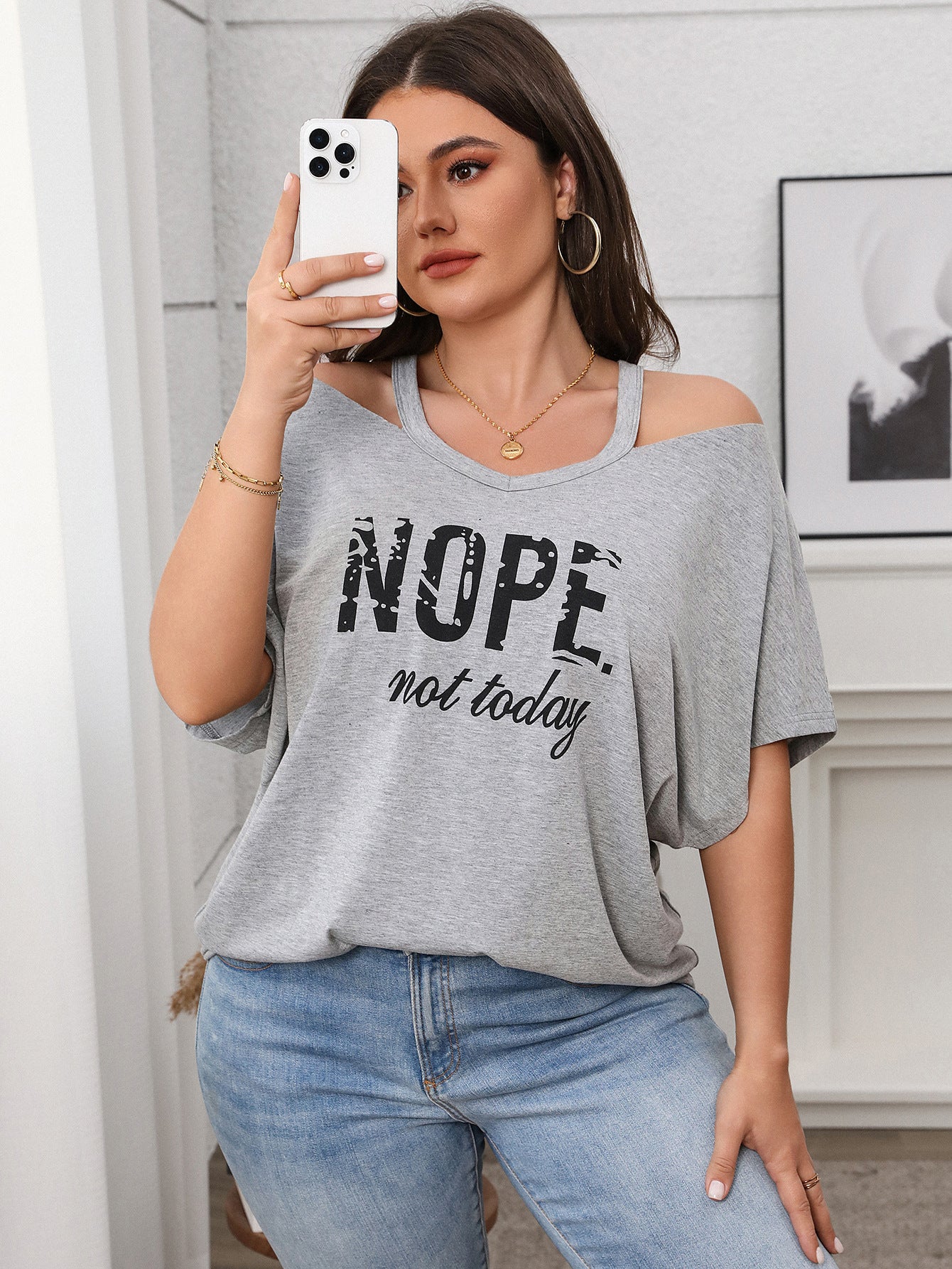 Relaxed Fit Graphic Cold Shoulder Top - "Nope Not Today" - Available in 3 Colors
