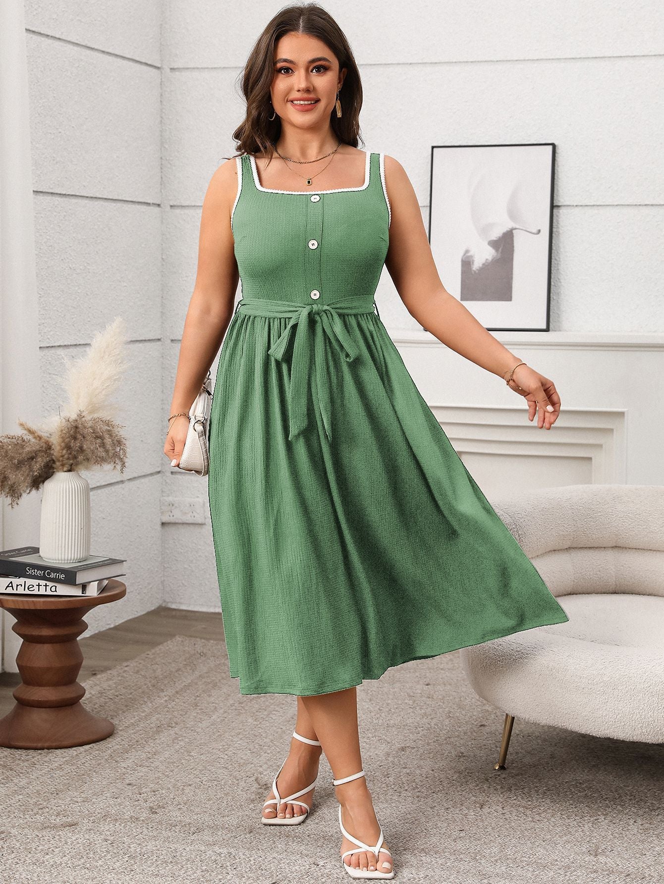 Plus Size Soft & Comfortable Button-Front Midi Dress with Tie Waist - Available in 2 Colors