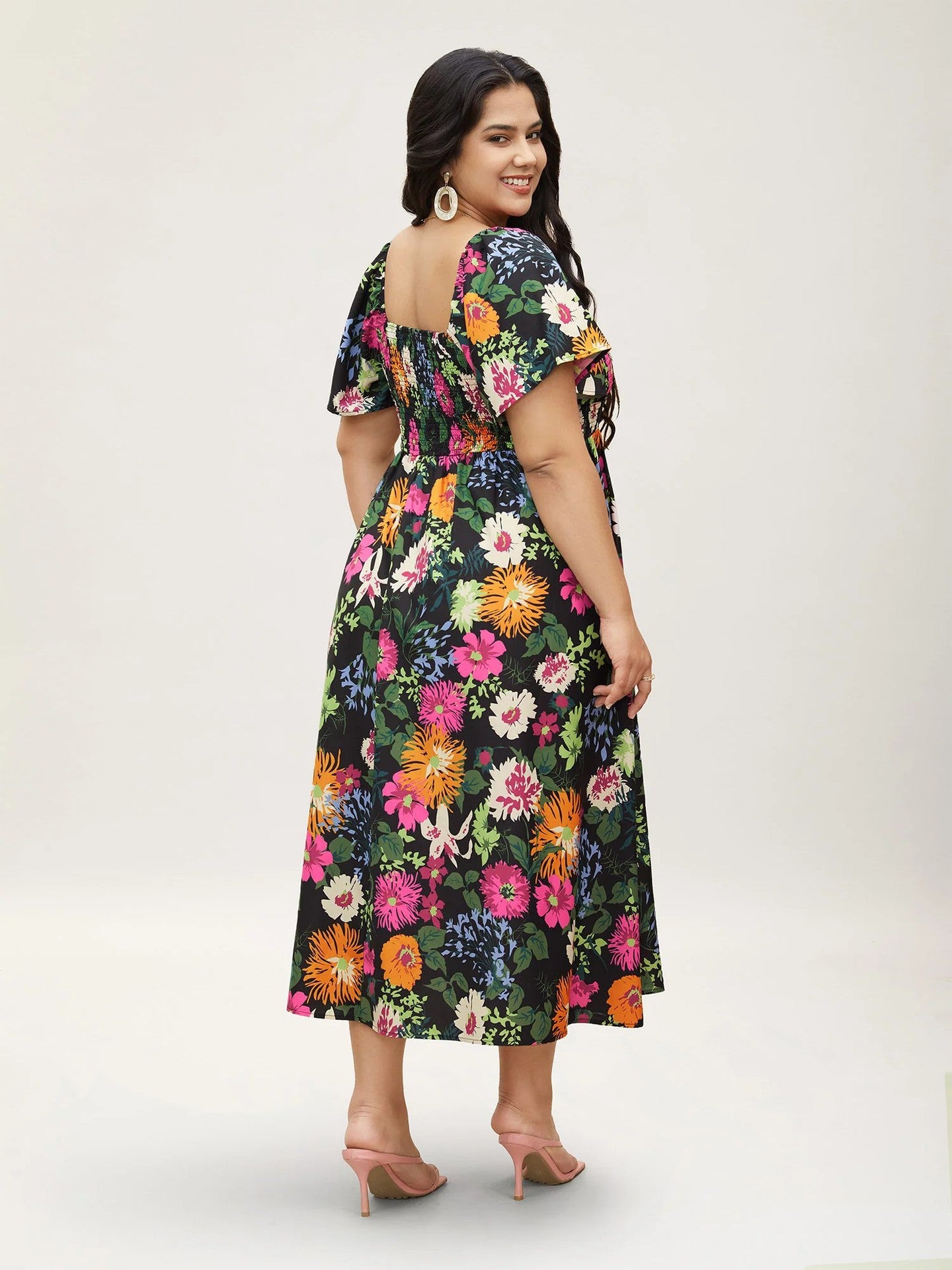 Vibrant Floral Smocked Midi Dress with Puff Sleeves and Pockets