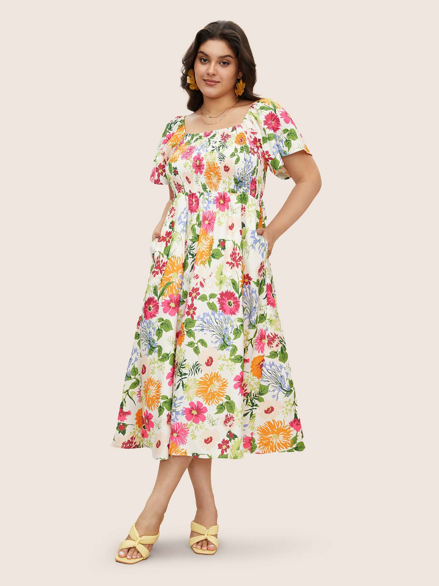 Vibrant Floral Smocked Midi Dress with Puff Sleeves and Pockets