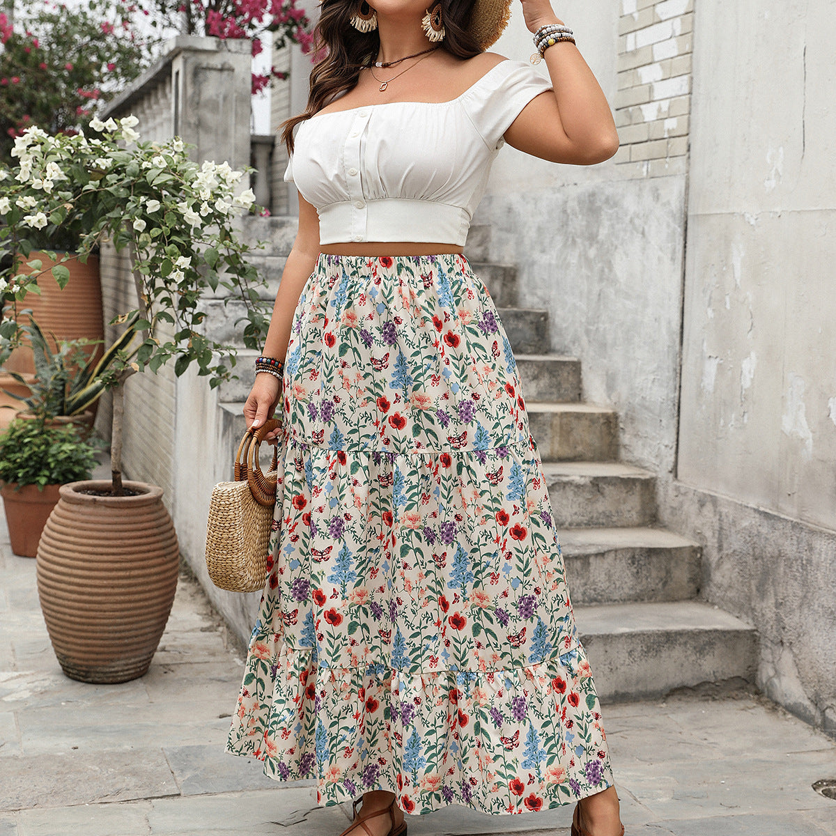 Breathable Floral Print Tiered Maxi Skirt - Effortless Summer Style