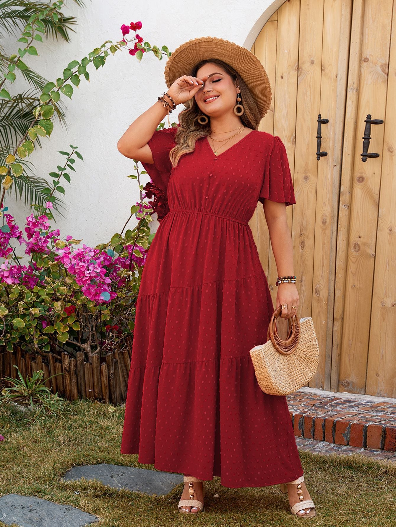 Rustic Red Tiered Midi Dress with V-Neck and Flutter Sleeves