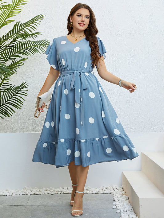 Charming Blue Polka Dot Midi Dress with Ruffle Hem & Tie Waist